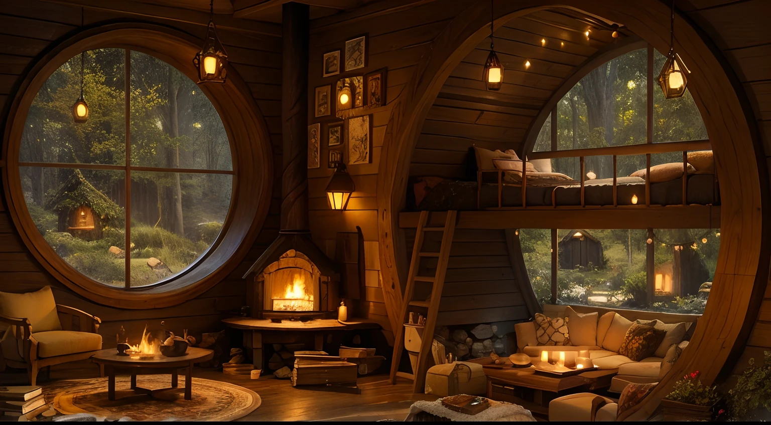 cozy hobbit house with fireplace