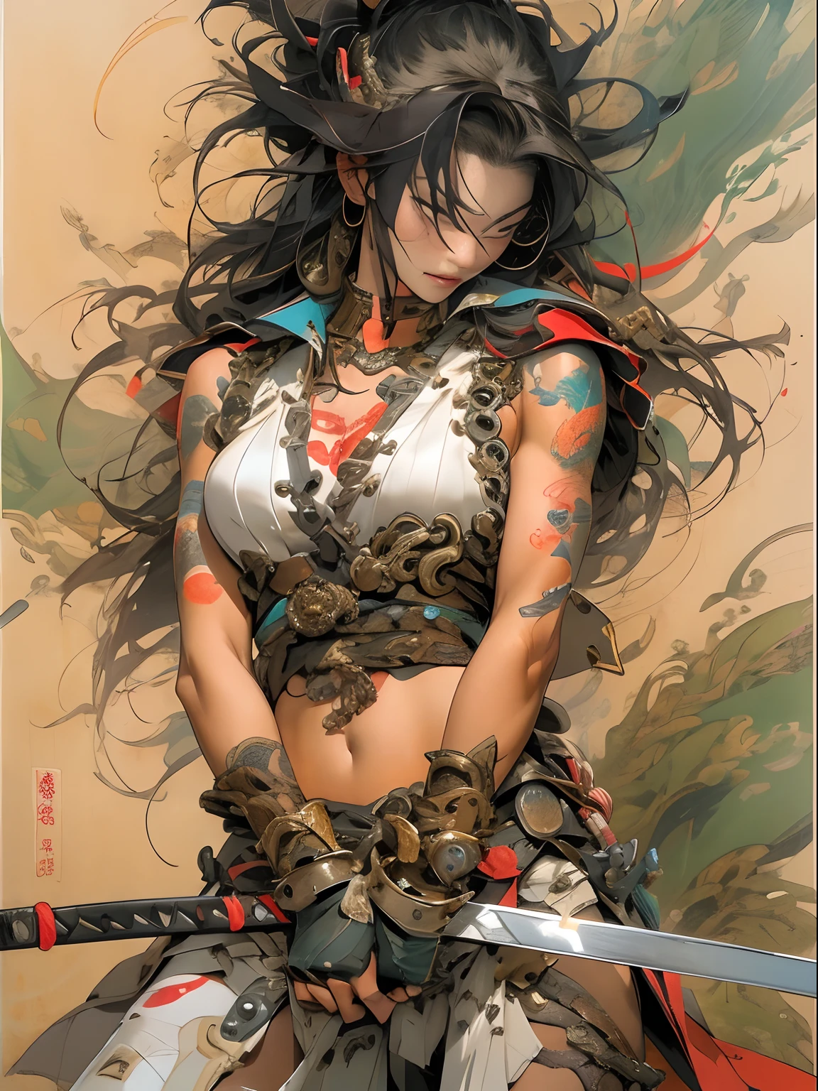 (((mtu))), (((best qualityer))), (((tmasterpiece))), (((AS-Adult))), ((( Japanese ))), Look up from your knees, Handsome Asian samurai，perfect body figure, Modern samurai, ((( Asian))), Wear gloves on your hands，The left arm is made of steel and metal tips，Made of protective devices, The eyes are pulled, (( Appears below the chest )), (( Small dental floss )), Simon Bisley, Almost naked（Simon Bisley）Castle City Wilderness，For high-resolution posters, hair straight, Minimum clothing, armure (Crazy clothes ), Full of tips and rivets, tribal tattoos, (((full bodyesbian))), Straight brunette hair，Colored hair ends