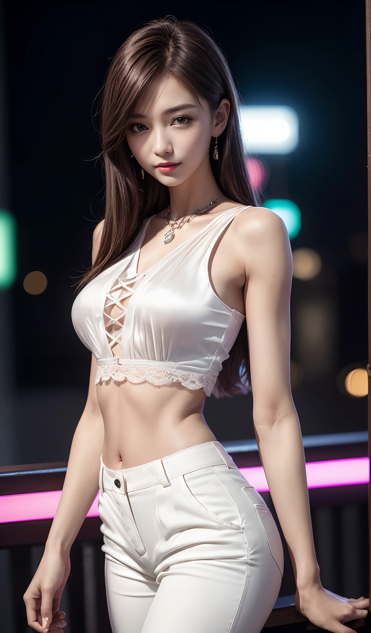 8K, Masterpiece, RAW photo, Best quality, Photorealistic, Extremely detailed CG unified 8K wallpapers, Depth of field, Cinematic light, Lens flare, Ray tracing, (Extremely beautiful face, Beautiful lips, Beautiful eyes), intricate detail face, ((ultra detailed skin)) 1girll, In the dark, deepshadow, Pretty Korean girl, Kpop idol, 1 girl, (Very slim and slender muscular body:1.3), ((view the viewer)),(Big smile:1.3), (Tight lace-up blouse), (Pink shirt), (Sleeveless) , (Fashion night, Dark night, (neon lights sign), (Blurred background), Fashion Street Night),(No one is in the background:1.3), Beautiful earrings, bangle, necklace, Pantyhose, Clear eyes, (Pale skin), (Big eyes), Face forward, ((upperbody shots)), ((Silk white trousers:1.3)),(big assa),(brown hairs),((Skinny silk pants)),(big assa), (view the viewer:1.3) open breast, Very slim, Medium breasts, Turn Back, Back shot, , underwear