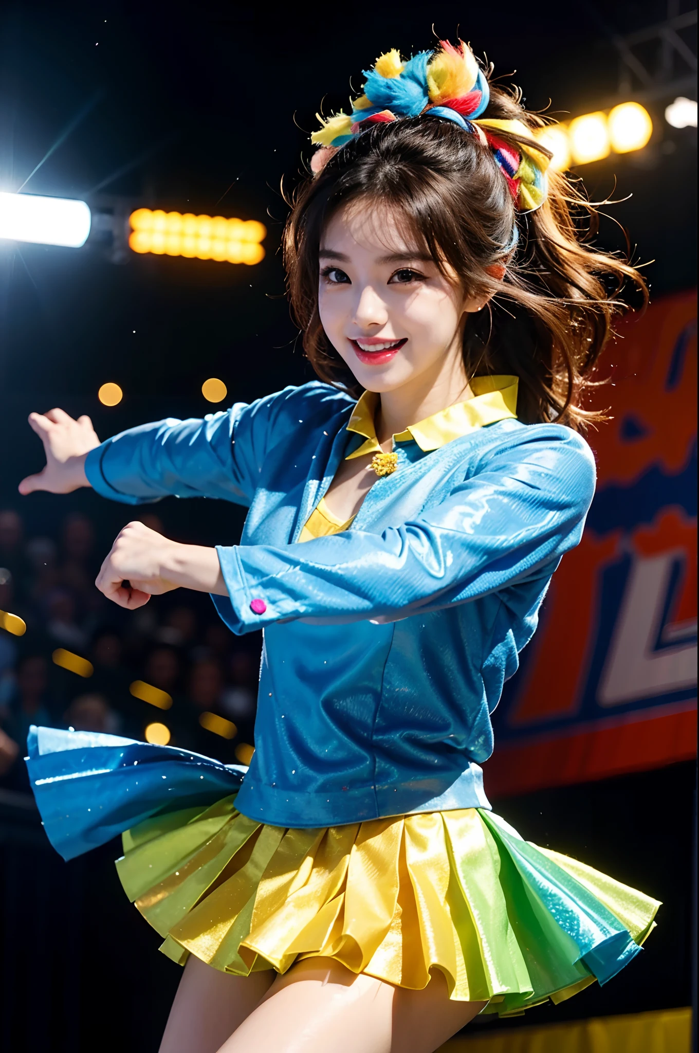 Beautiful Korean idol cheerleader
posters,Painting,high resolution,Ultra-detailed,Realistic:1.37,Vivid colors,hdr,Studio lighting,Sharp focus,
Dance energetically,Smiling happily,Perfect makeup,Stunning costumes,
crowd cheering,exciting atmosphere,dynamicposes,Expressive movements,
Beautiful hair,Sparkling eyes,rosycheeks,full pouty lips,
Colorful pompoms,Flying confetti,Glowing spotlights,
Engaging performance,Spirited cheers,Unforgettable memories
