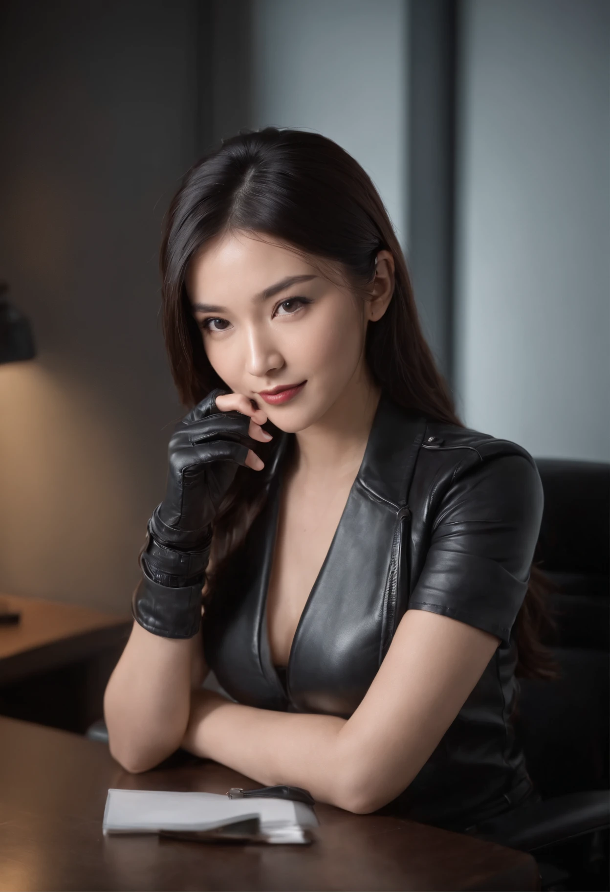 Wearing black leather gloves in both hands Upper body Black leather riders jacket Necklace on the chest Facing the desk in the modern study in the dark, looking down and smiling, long straight black hair Young Japanese woman (black leather gloves covering both hands) Sitting on a chair with the fingers of black leather gloves and working on the computer
