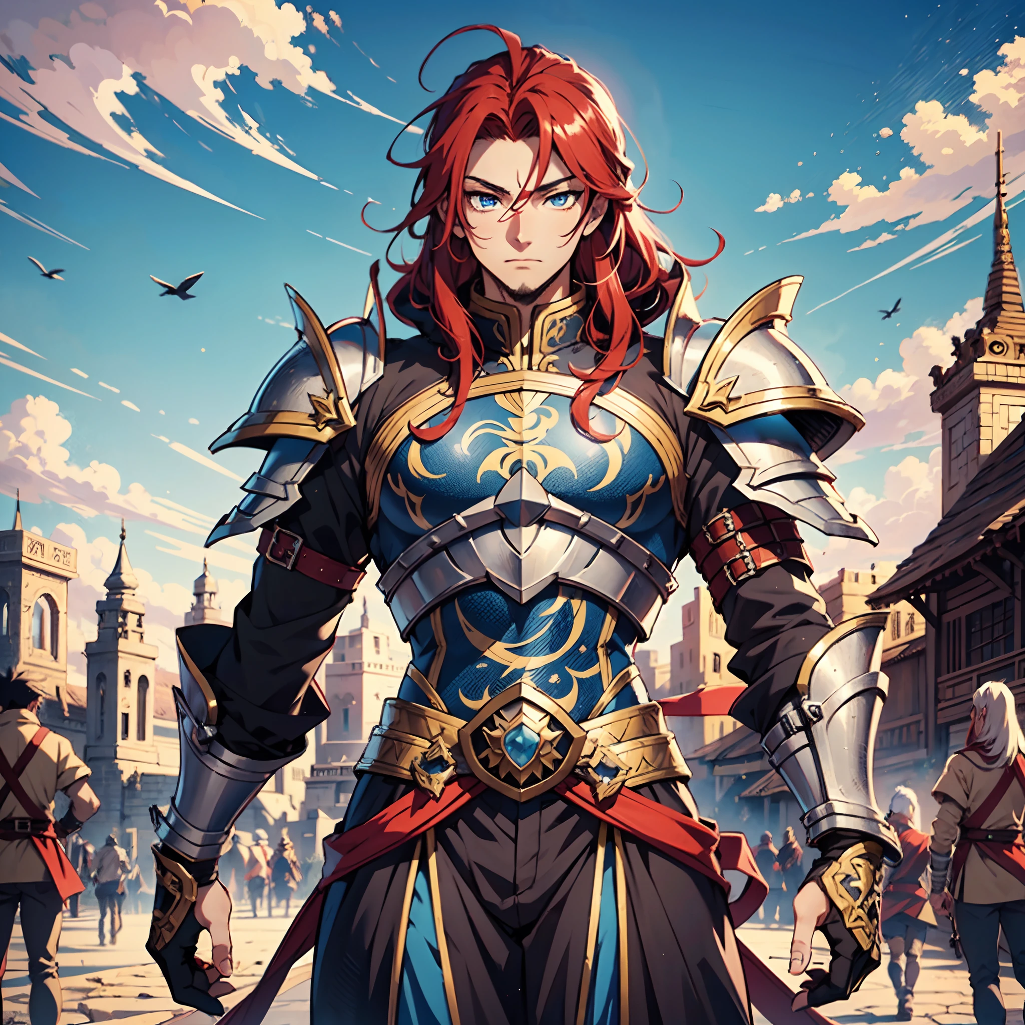 Ultra High Definition, Ultra High Quality, Extremely Detailed, Perfectly Detailed, Masterpiece, 8k, 1 Boy, Look A Like Xin From Kingdom Anime, Handsome, Equipped With Royal Knight Armor, Solid Light Blue Eyes, Long Red Hair, Body Shot, Ancient Kingdom Background