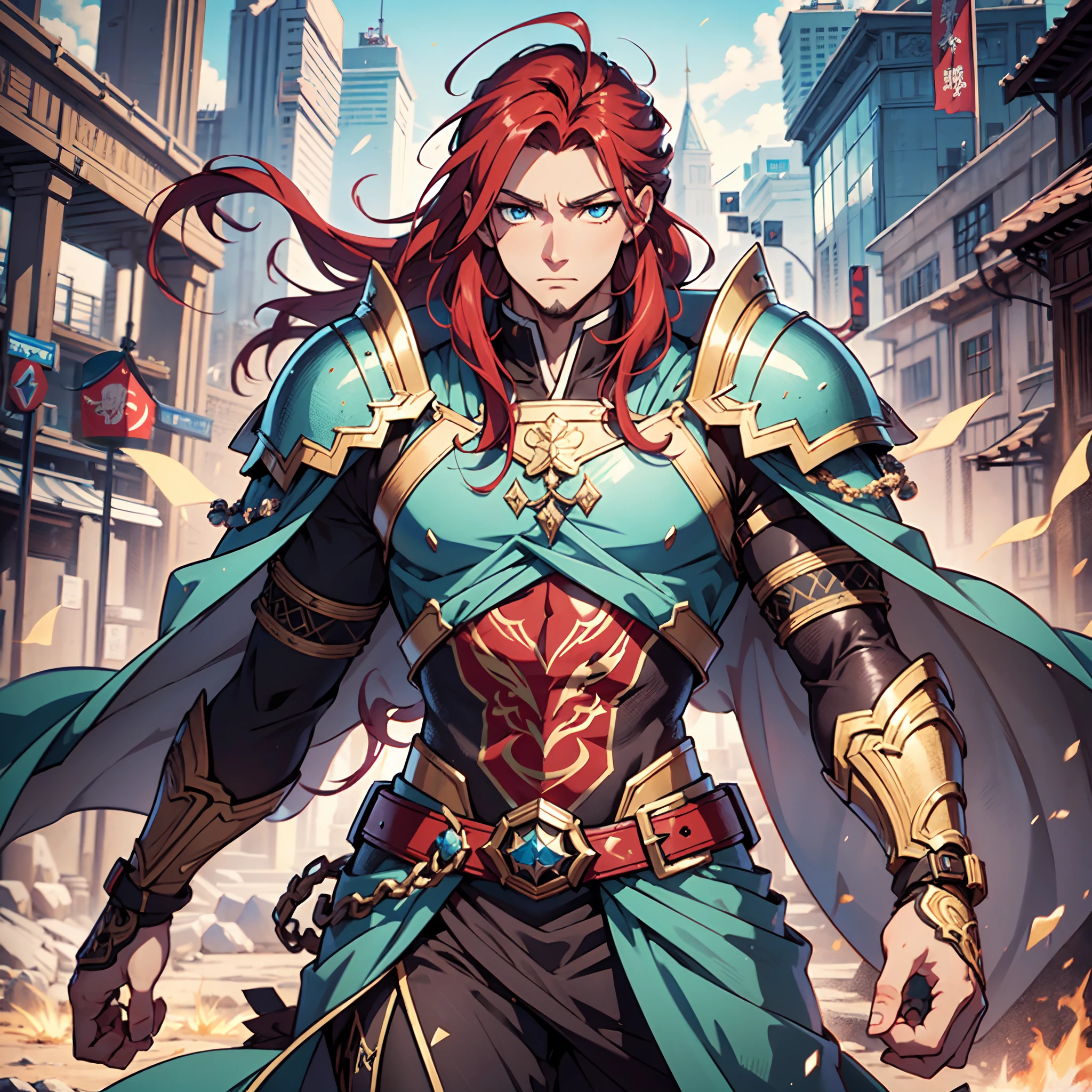 Ultra High Definition, Ultra High Quality, Extremely Detailed, Perfectly Detailed, Masterpiece, 8k, 1 Boy, Look A Like Xin From Kingdom Anime, Handsome, Equipped With Royal Knight Armor, Solid Light Blue Eyes, Long Red Hair, Body Shot, Ancient Kingdom Background