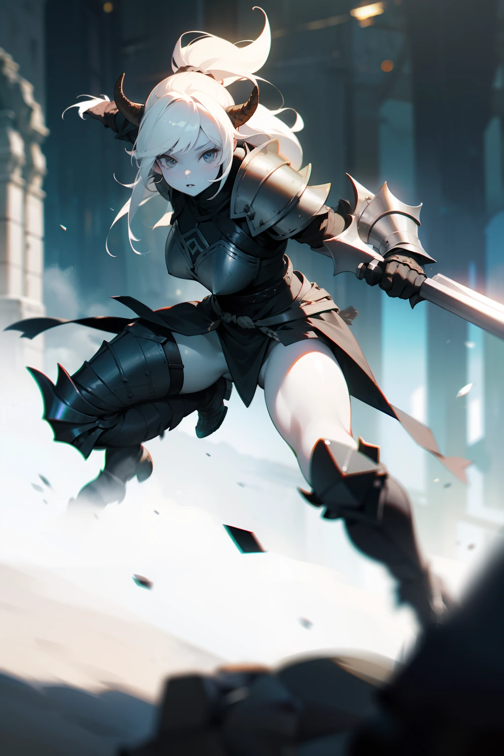 photo photorealism photorealistic photoquality best quality, female ogre with (white skin:1.2) wearing black leather armor, ogre's horn, outdoor, dramatic lighting, bokeh, action pose, full body shot