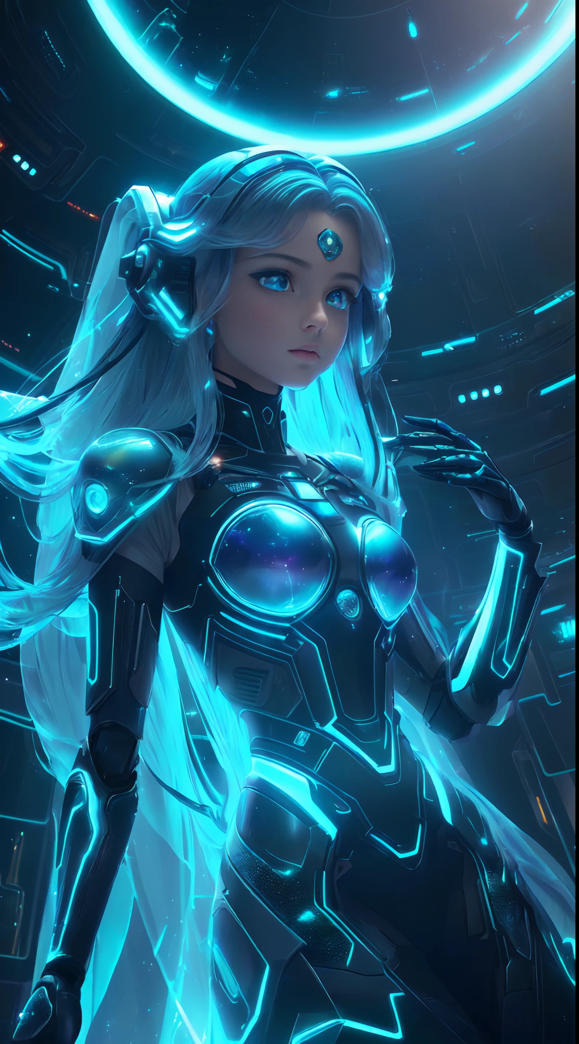 motor irreal:1.4,UHD,La mejor calidad:1.4, fotorrealista:1.4, textura de la piel:1.4, obra maestra:1.8,((Beautiful robot woman Vividly colored digital image of a symmetrical young and ethereally beautiful face with icy blue long hair and eyes reflecting the galaxy., With an elegant futuristic dress that shines with holographic light reflections, De pie frente a un elegante, Glowing portal emitting fog and glowing particles, It's inside a high-tech lab full of screens and shiny equipment......., Rendered in a stunning sci-fi anime art style with cinematic lighting, intricate linework, and a beautiful structure of atmospheric glow effects  )),(manos Detallado:1.4),