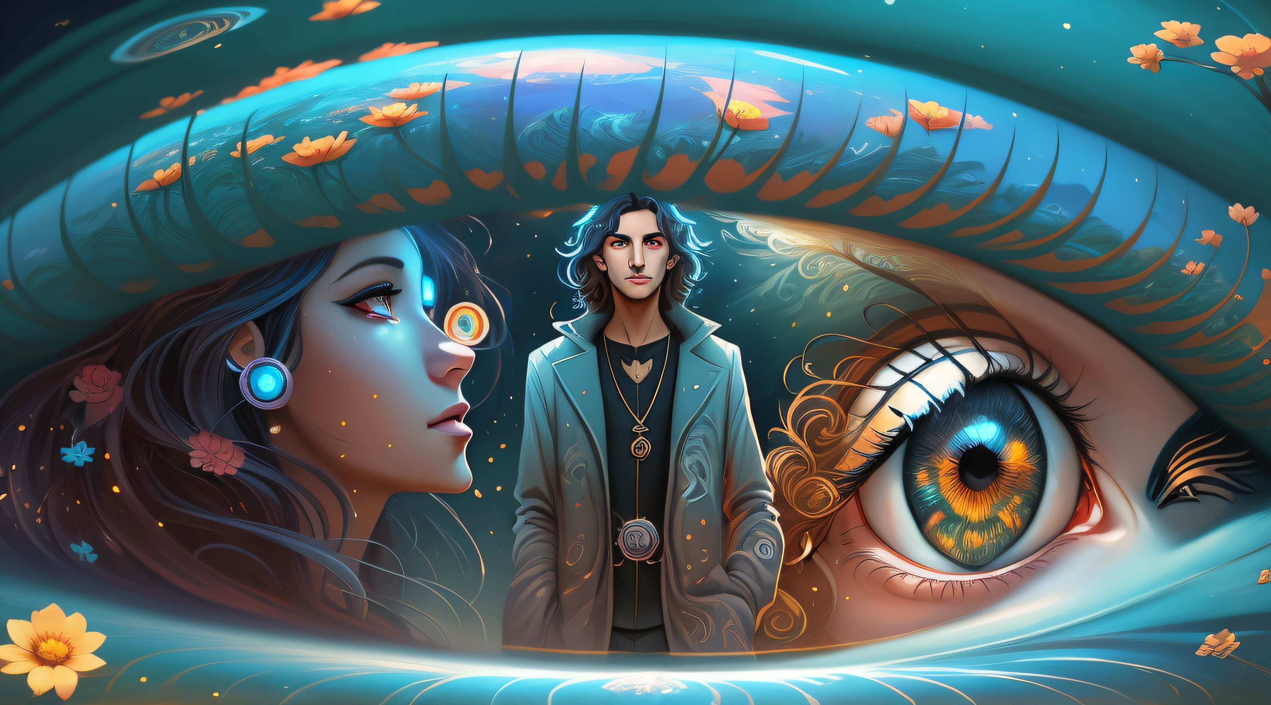 painting of a man and woman looking at a large eye, cyril rolando and m.w kaluta, cyril rolando and m. w kaluta, beeple and jeremiah ketner, stunning digital illustration, digital fantasy illustration, detailed fantasy digital art, a beautiful artwork illustration, fantasy art behance, visionary art style, digital visionary art, detailed fantasy illustration