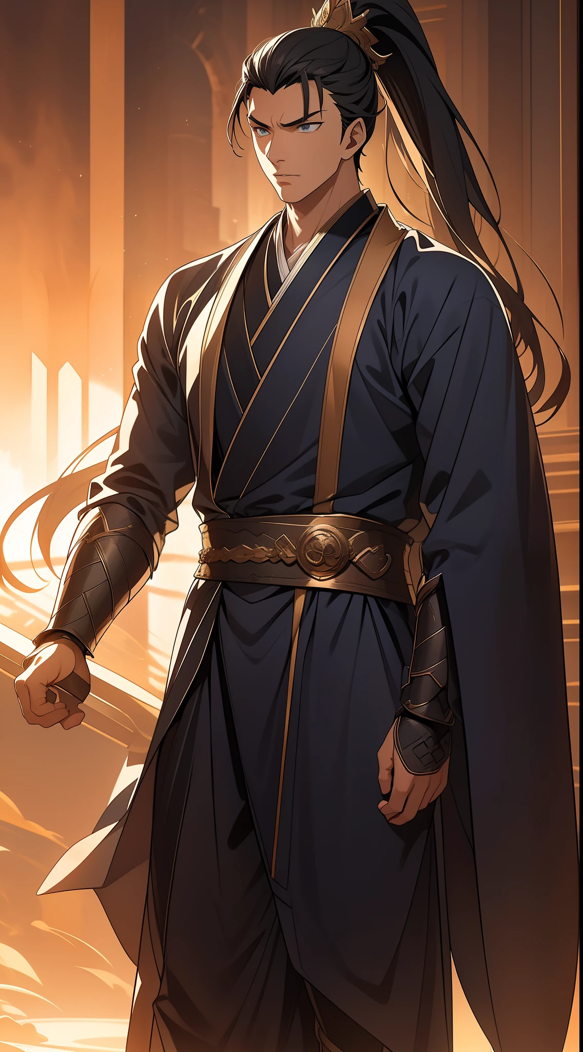 quadratic element,style of anime,mtu(Male Warrior),The proportions are correct,Face details,swordsmen,High ponytail hairstyle,Neck details,There is an Adam's apple,Blue suit,kaftan,long blue robes,clothes details,Handing over,longer sleeves,Game quality,Swordsmanship,Light and shadow tracking,Ray traching,detailed glow,cg render,hair detail,Black long hair,blue colored eyes,Handsome,Handsome,(juvenile sense),Clothing is complicated,Perfectcomposition,Refinement,high qulity,higher details,Lots of details,The background is complex,a sense of atmosphere,