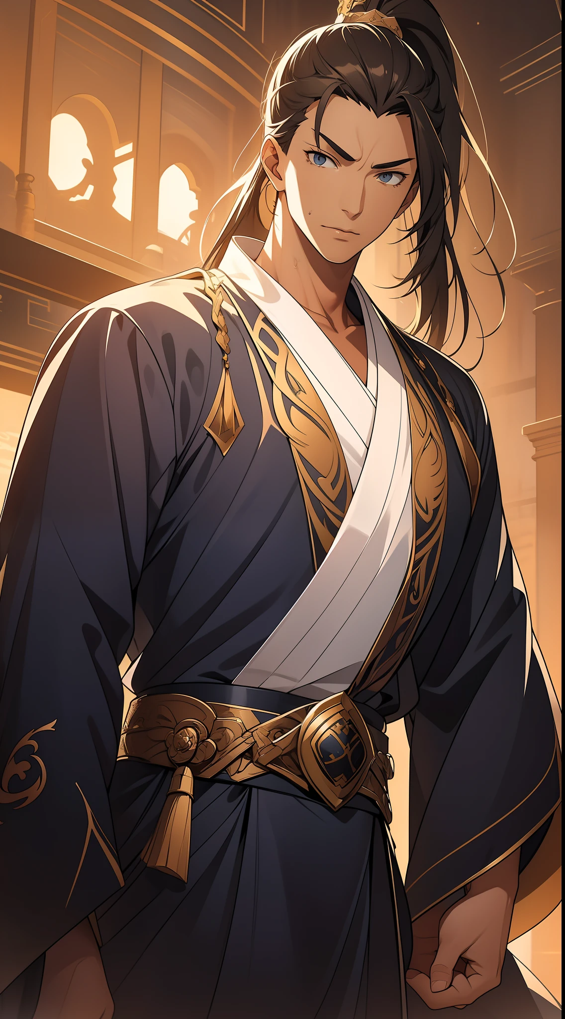 quadratic element,style of anime,mtu(Male Warrior),musculature,The proportions are correct,Face details,swordsmen,High ponytail hairstyle,perspired,Sweat on the face,drools,Neck details,There is an Adam's apple,Get wet,Drenched,Black Hanfu,kaftan,Embroidered robes,Black robe,clothes details,Handing over,longer sleeves,Game quality,Swordsmanship,Light and shadow tracking,Ray traching,detailed glow,cg render,hair detail,cabelos preto e longos,Golden eyes,Sweat on the face,Handsome,Handsome,Beads of sweat slipped down my neck,(juvenile sense),Clothing is complicated,Drenched,Get wet,Perfectcomposition,Refinement,high qulity,higher details,Lots of details,The background is complex,a sense of atmosphere,