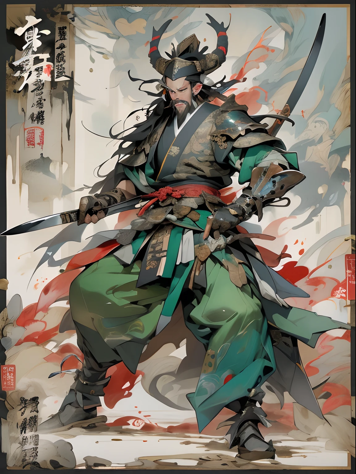 (((China-style，Ink painting method，Half-length portrait，Intense color，Han dynasty, China，Hanfu，Armor，Guan yu，Guan Yunchang，of a guy，Ruddy killing square face，Hold the Blue Dragon Moon Knife in his right hand，Stroke your beard with your left hand，Long hair，petty eyes，Green robe))), (((best qualityer))), (((tmasterpiece))), (((AS-Adult))), ((( Japanese ))), Look up from your knees, Handsome Asian samurai，perfect body figure, Modern samurai, ((( Asian))), Wear gloves on your hands，The left arm is made of steel and metal tips，Made of protective devices, The eyes are pulled, (( Appears below the chest )), (( Small dental floss )), Simon Bisley, Almost naked（Simon Bisley）Castle City Wilderness，For high-resolution posters, hair straight, Minimum clothing, armure (Crazy clothes ), Full of tips and rivets, tribal tattoos, (((full bodyesbian))), Straight brunette hair，Colored hair ends