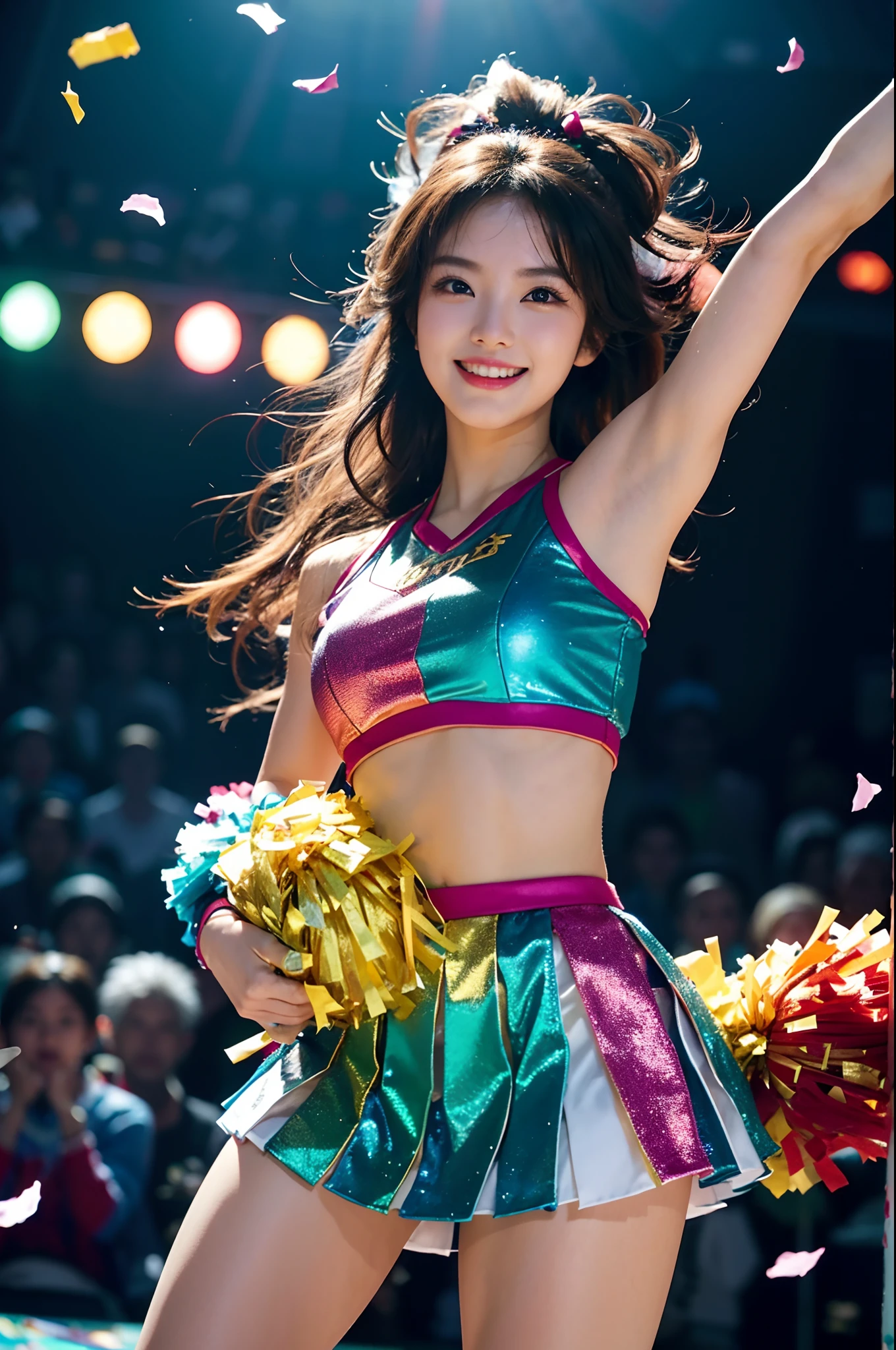 Beautiful Korean idol cheerleader
posters,Painting,high resolution,Ultra-detailed,Realistic:1.37,Vivid colors,hdr,Studio lighting,Sharp focus,
Dance energetically,Smiling happily,Perfect makeup,Stunning costumes,
crowd cheering,exciting atmosphere,dynamicposes,Expressive movements,
Beautiful hair,Sparkling eyes,rosycheeks,full pouty lips,
Colorful pompoms,Flying confetti,Glowing spotlights,
Engaging performance,Spirited cheers,Unforgettable memories