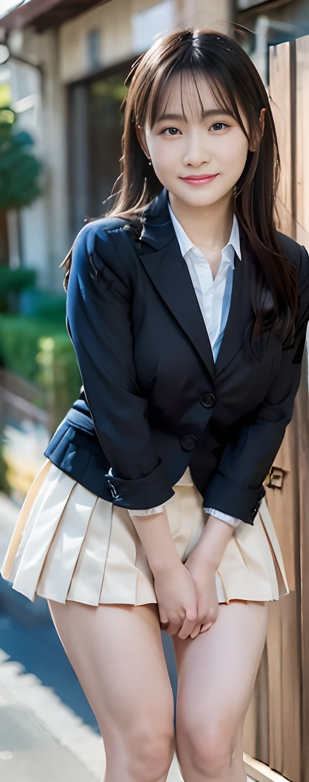  (8K, best quality, masterpiece:1.2), (realistic, photo-realistic:1.37), (high color saturation:1.0),  (highly detailed skin), (highest quality:1.0), (ultra high resolution:1.0) ,(realistic:1.0), (Super detailed:1.0), (8K, Raw photo:1.1)、standing random pose, smiling, natural breast, perfect lighting, ((3girls students)), 18years old, (mysterious), clear and detailed, ((school_uniform, Japanese blazer uniform, flared skirt)), (indoor school climb the stairs), surprised face, (I can see her small white panties:1.2), looking at back viewer, nsfw, low angle photo,
