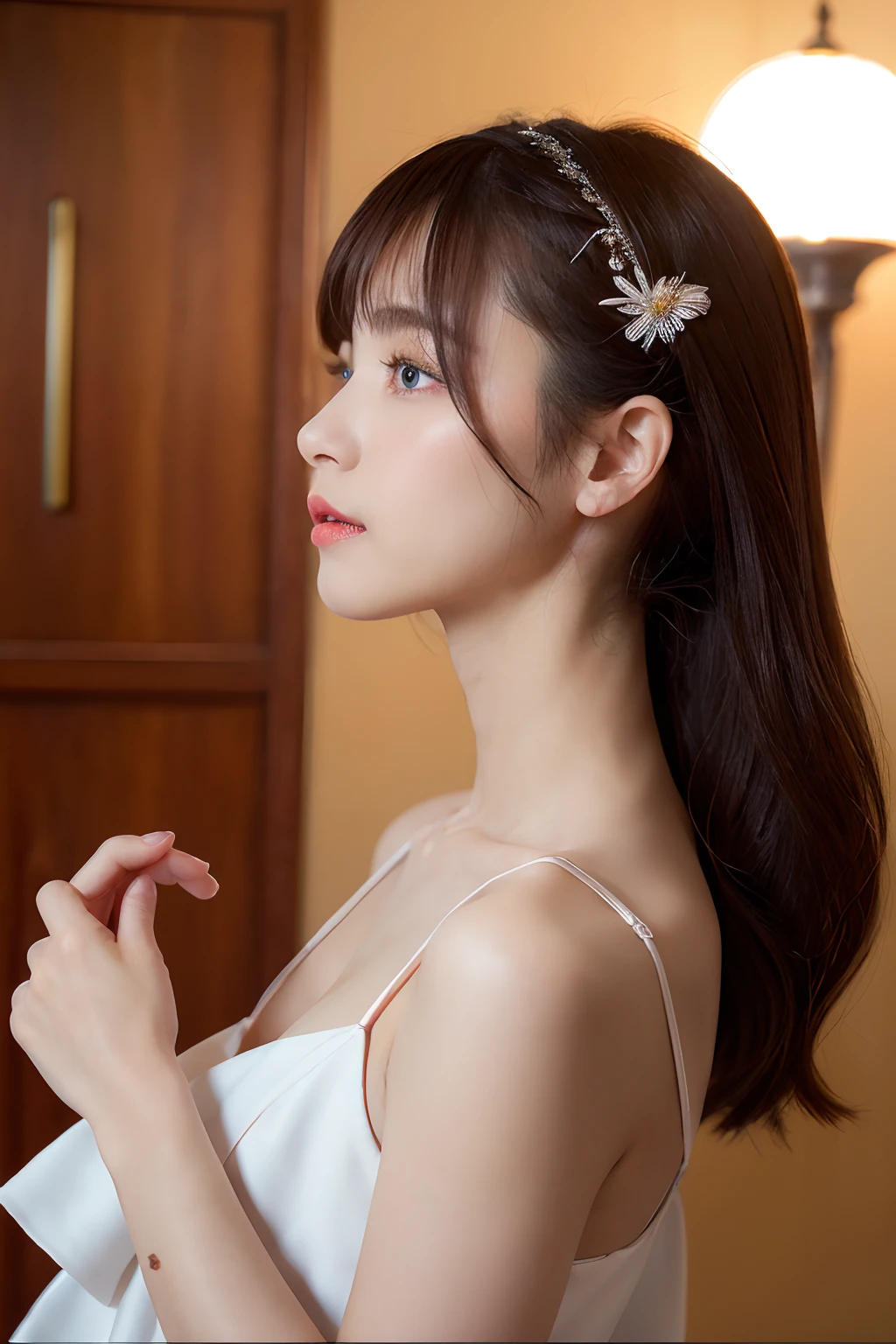 a closeup, masterpiece, top-quality, Raw foto, Photorealsitic、sideshot、unbelievable Ridiculous, beautiful a girl, High brand ultra-luxury dress with open chest、Glossy fabric、Half-up hairstyle、large brests、The look of joy when reunited with a lover、((Hide your mouth with your hands))、Hair fluttering in the wind、女優、On the red carpet、depth of fields, hight resolution, ultra-detailliert, finely detail, ighly detailed, extremely detailed eye and face, Sharp pupils, foco nítido, Cinematic lighting