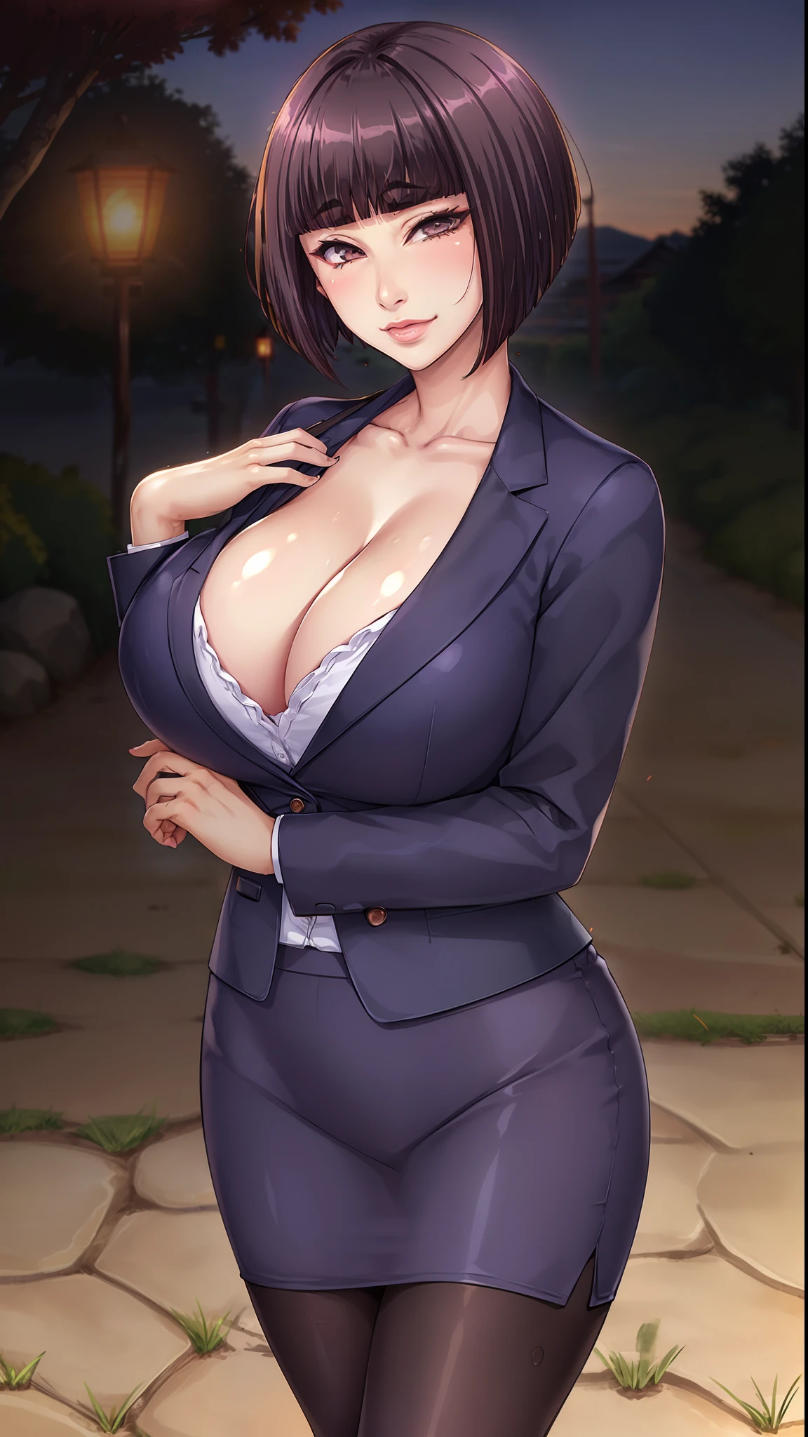 (masterpiece, best quality, high quality, realistic:1.3), (vibrant colors, vivid colors, Diffused lighting:1.1), Itsuki Shima, mature female, (cowboy shot:1.2), black pantyhose, pencil skirt, short hair, brown hair, bob cut, brown eyes, huge breasts, cleavage, looking at viewer, office lady, formal, suit, skirt suit, jacket, collared shirt, perfect body, perfect eyes, anime eyes, eyeshadow, perfect face, (horny, blush, smirking:1.1), evening park, sunset, bright background, grass, japaneese park background, park lanterns, intricate background, sharp focus, professional artwork, intricate details, digital blending, ultra detailed body, ultra detail hair, ultra detail face, trending on pixiv,