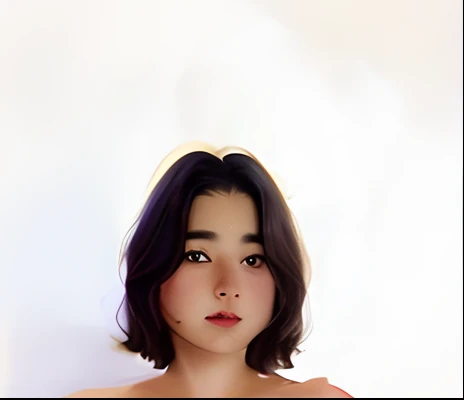Aquiline nose, high cheeks, freckles on nose & cheeks, thick eyebrows, large downturned eyes, wavy lavender bob, heart-shaped face, long eyelashes