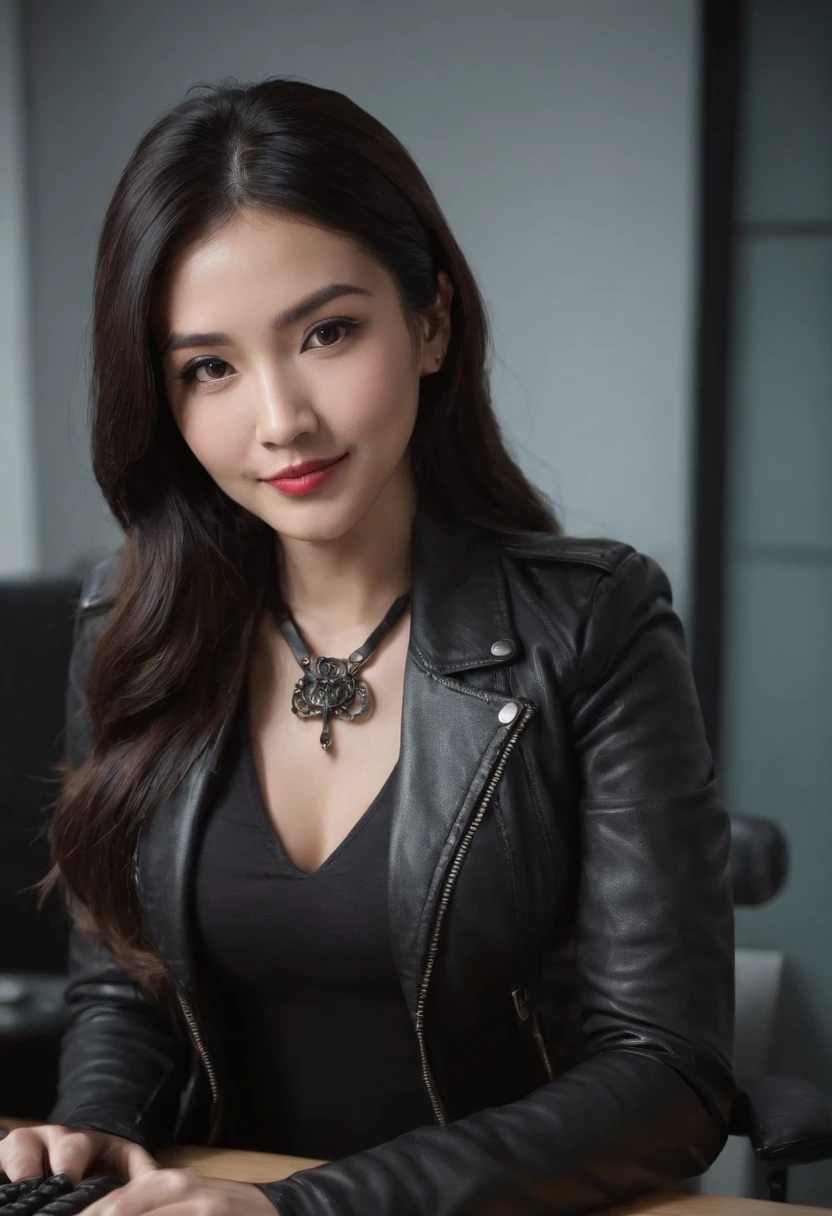 Wearing black leather gloves in both hands Upper body Black leather riders jacket Necklace on the chest Facing the desk in the modern study in the dark, looking down and smiling, long straight black hair Young Japanese woman (black leather gloves covering both hands) Sitting on a chair with the fingers of black leather gloves and working on the computer