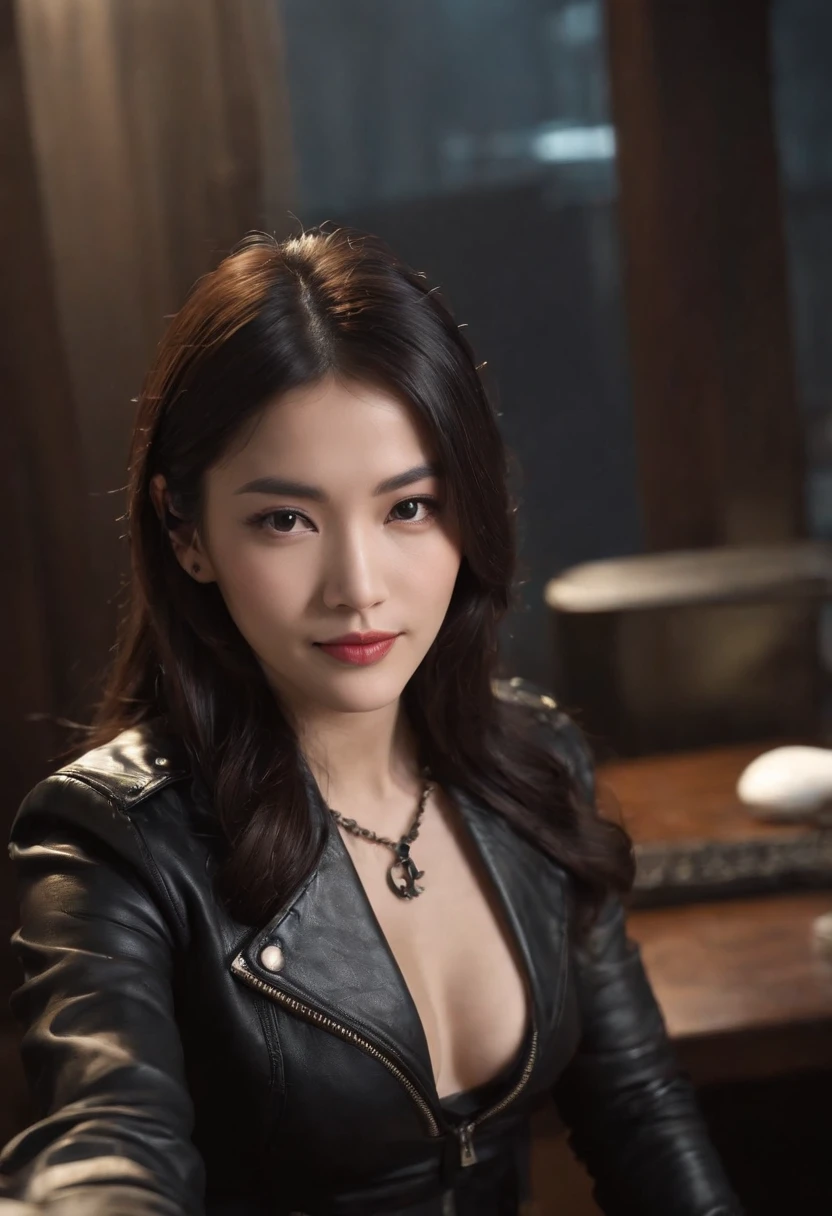 Wearing black leather gloves in both hands Upper body Black leather riders jacket Necklace on the chest Facing the desk in the modern study in the dark, looking down and smiling, long straight black hair Young Japanese woman (black leather gloves covering both hands) Sitting on a chair with the fingers of black leather gloves and working on the computer