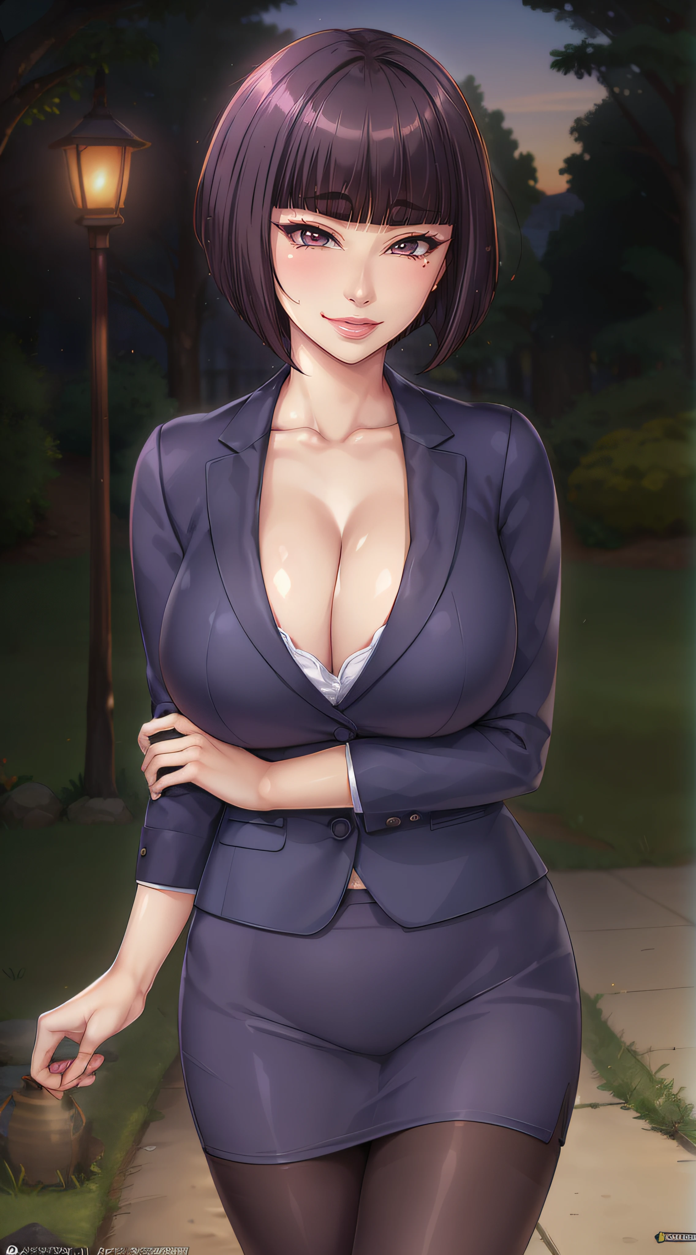 (masterpiece, best quality, high quality, realistic:1.3), (vibrant colors, vivid colors, Diffused lighting:1.1), Itsuki Shima, mature female, (cowboy shot:1.2), black pantyhose, pencil skirt, short hair, brown hair, bob cut, brown eyes, huge breasts, cleavage, looking at viewer, office lady, formal, suit, skirt suit, jacket, collared shirt, perfect body, perfect eyes, anime eyes, eyeshadow, perfect face, (horny, blush, smirking:1.1), evening park, sunset, bright background, grass, japaneese park background, park lanterns, intricate background, sharp focus, professional artwork, intricate details, digital blending, ultra detailed body, ultra detail hair, ultra detail face, trending on pixiv,