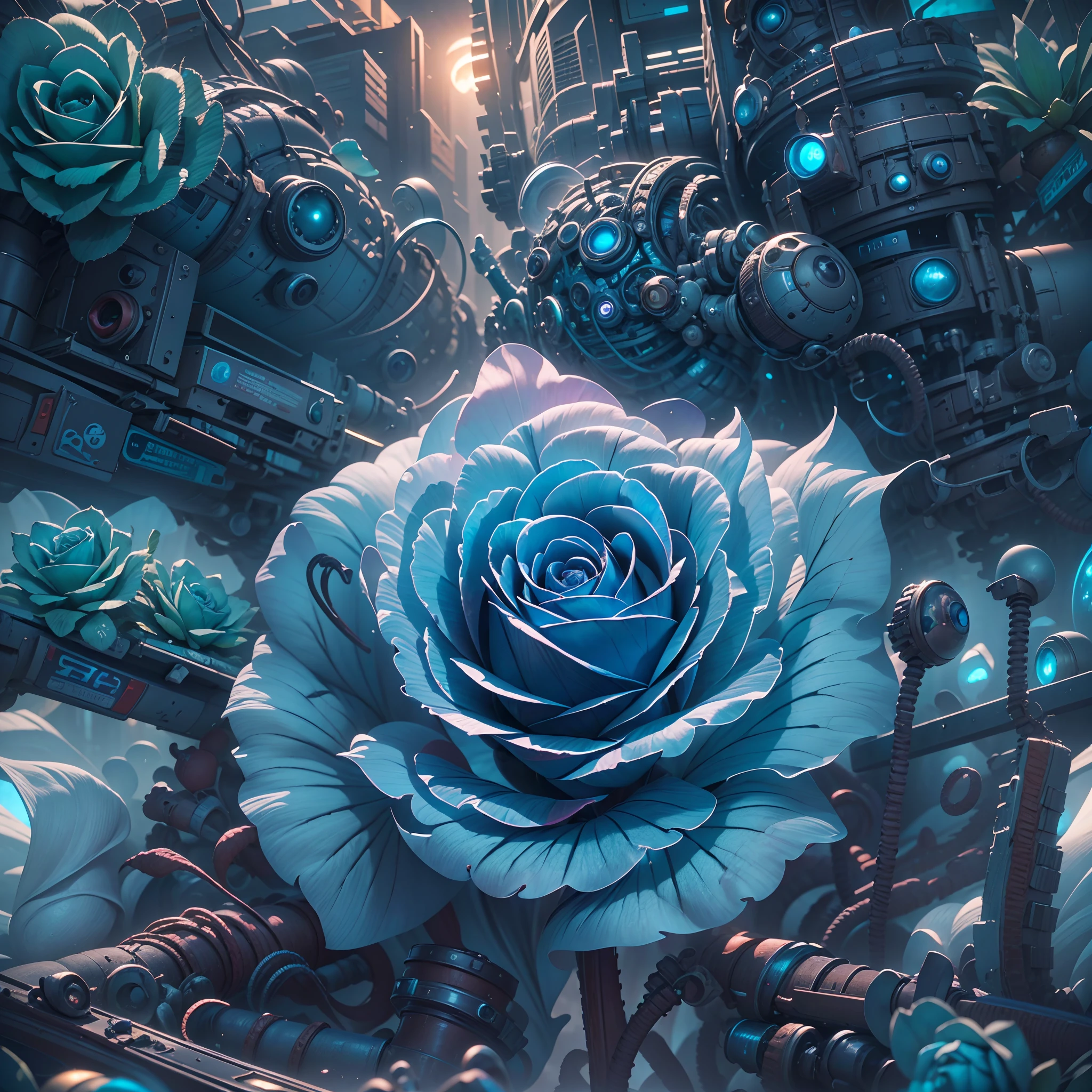 one_eyed,Hyperrealistic horror shot of an incredible blue rose，rays of moonlight，Old Cybercity， creepy, foggy, evening, light bloom, Tristan Eaton, victo ngai, artgerm, RHADS, ross draws, masterpiece, best quality, photograph, dreamlike, face focus, intricate details, sharp focus, photography, photorealism, photorealistic, soft focus, volumetric light, (intricate details), (hyperdetailed), high detailed, lot of details, high quality, soft cinematic light, dramatic atmosphere, atmospheric perspective, raytracing,  subsurface scattering,