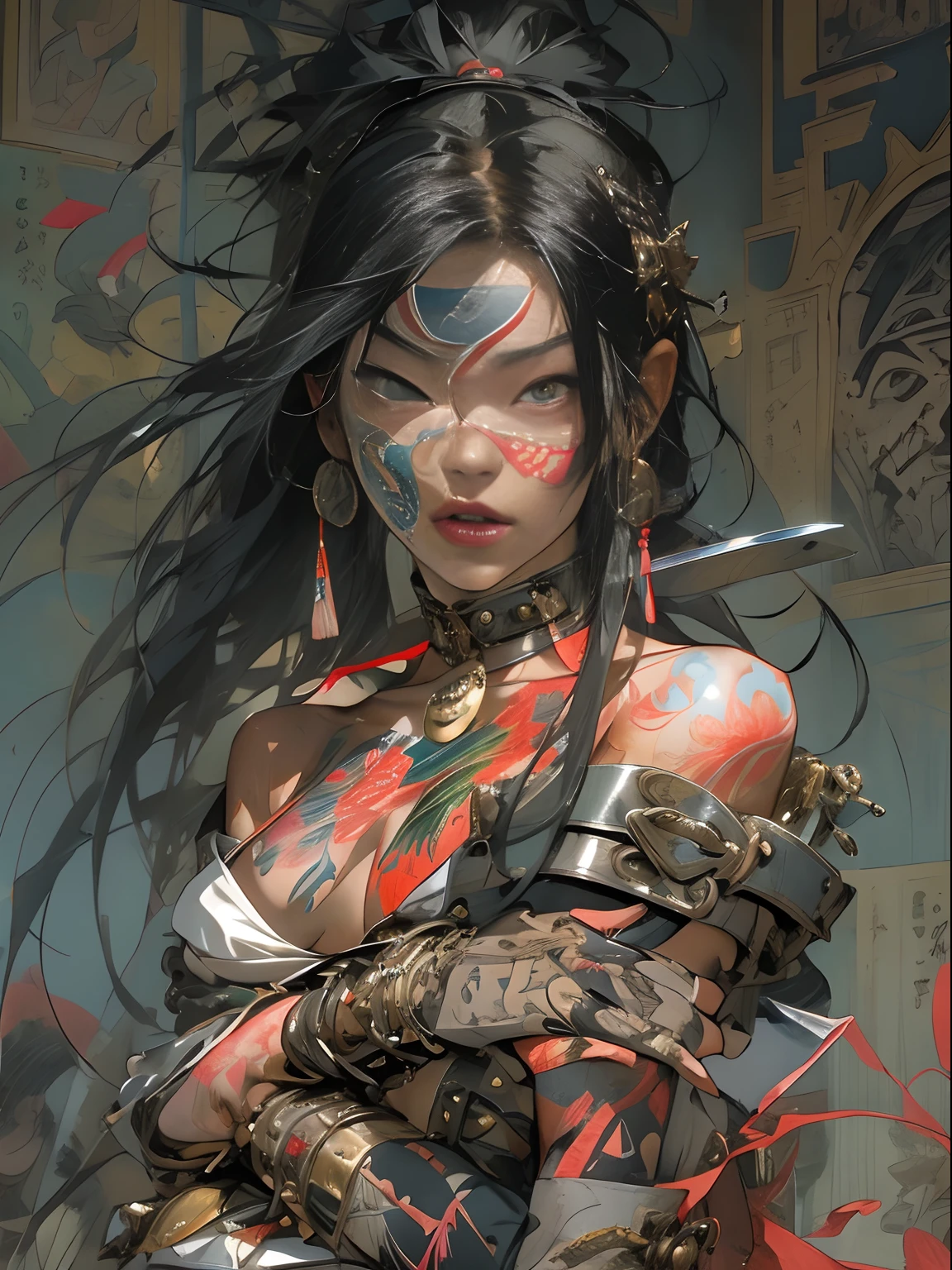 (((woman))), (((best qualityer))), (((tmasterpiece))), (((AS-Adult))), ((( Japanese ))), Look up from your knees, A beautiful asian samurai woman with perfect body, Modern samurai, ((( Asian))), Wear gloves on your hands,The left arm is made of steel and metal tips,Made of protective devices, The eyes are pulled, (( Appears below the breast )), (( Small dental floss )), Simon Bisley, Almost naked(Simon Bisley)Castle City Wilderness,For high-resolution posters, hair straight, Minimum clothing, armure (Crazy clothes ), Full of tips and rivets, tribal tattoos, (((full bodyesbian))), Straight brunette hair,Colored hair ends