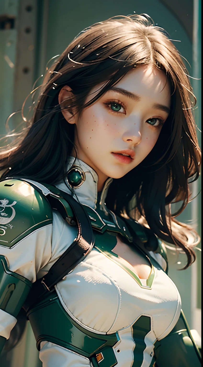 Highest image quality, outstanding details, ultra-high resolution, (realism: 1.4), the best illustration, favor details, highly condensed 1girl, with a delicate and beautiful face, dressed in a green and white mecha, tight attire, the background is a high-tech lighting scene of the future city, perfect eyes