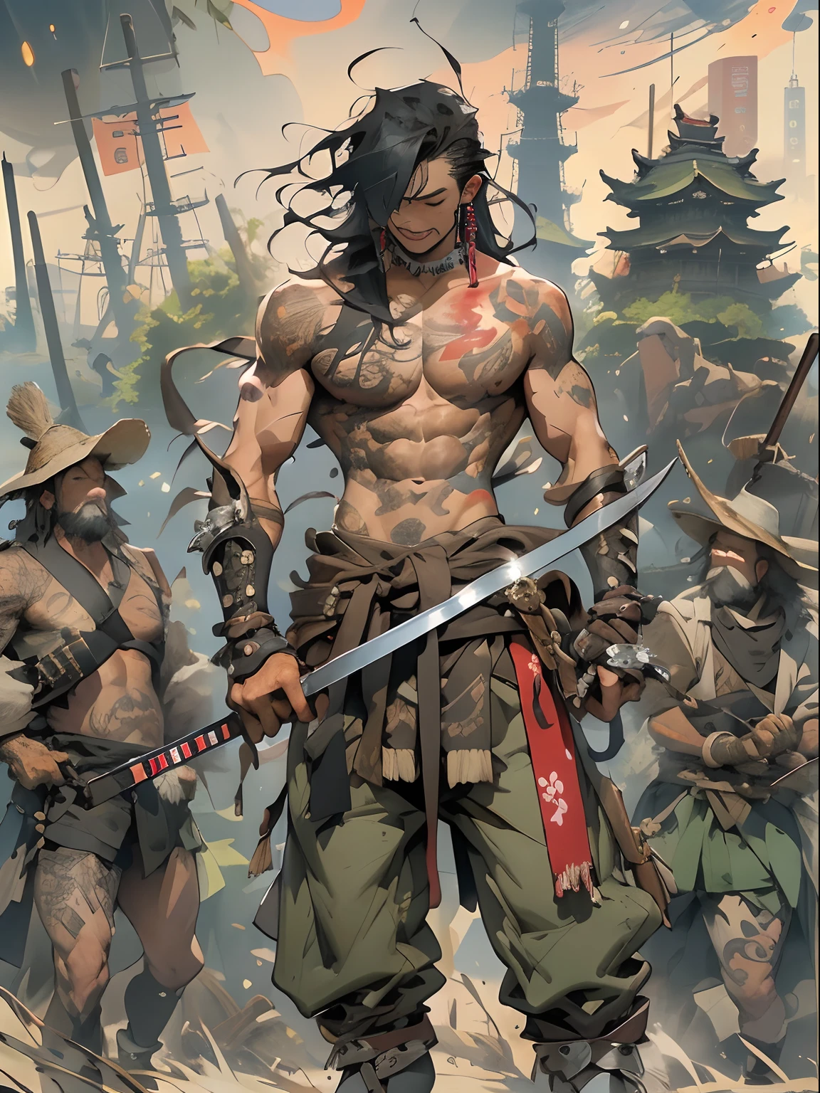 (((mtu))), (((best qualityer))), (((tmasterpiece))), (((AS-Adult))), ((( Japanese ))), Look up from your knees, Handsome Asian samurai,perfect body figure, Modern samurai, ((( Asian))), Wear gloves on your hands,The left arm is made of steel and metal tips,Made of protective devices, The eyes are pulled, (( Appears below the chest )), (( Small dental floss )), Simon Bisley, Almost naked(Simon Bisley)Castle City Wilderness,For high-resolution posters, hair straight, Minimum clothing, armure (Crazy clothes ), Full of tips and rivets, tribal tattoos, (((full bodyesbian))), Straight brunette hair,Colored hair ends