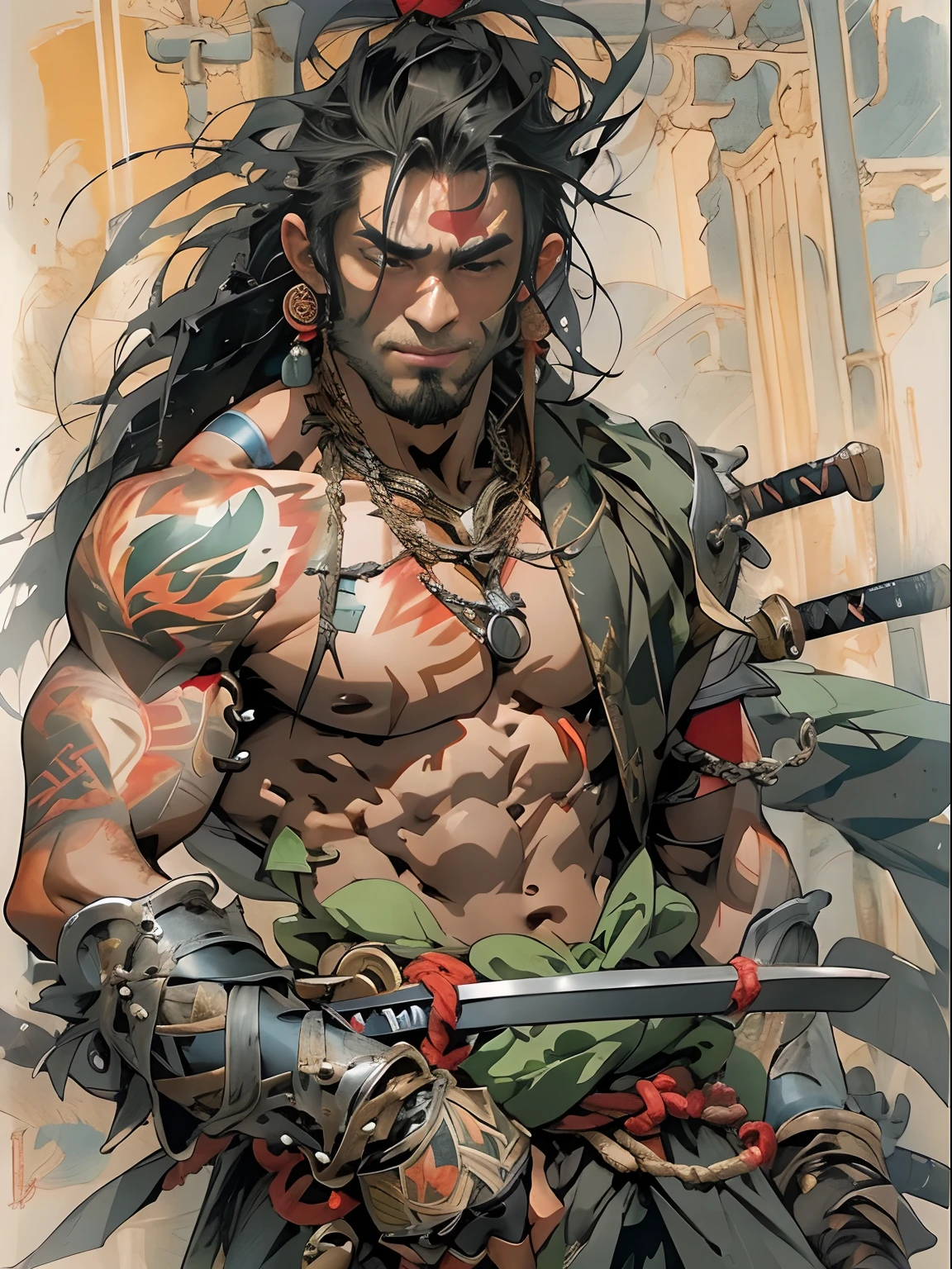 (((mtu))), (((best qualityer))), (((tmasterpiece))), (((AS-Adult))), ((( Japanese ))), Look up from your knees, Handsome Asian samurai,perfect body figure, Modern samurai, ((( Asian))), Wear gloves on your hands,The left arm is made of steel and metal tips,Made of protective devices, The eyes are pulled, (( Appears below the chest )), (( Small dental floss )), Simon Bisley, Almost naked(Simon Bisley)Castle City Wilderness,For high-resolution posters, hair straight, Minimum clothing, armure (Crazy clothes ), Full of tips and rivets, tribal tattoos, (((full bodyesbian))), Straight brunette hair,Colored hair ends