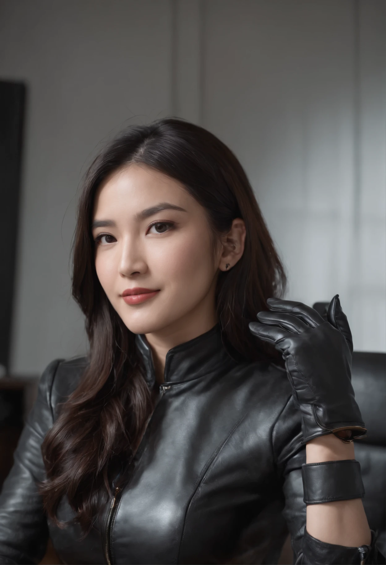 Wearing black leather gloves in both hands Upper body Black leather riders jacket Necklace on the chest Facing the desk in the modern study in the dark, looking down and smiling, long straight black hair Young Japanese woman (black leather gloves covering both hands) Sitting on a chair with the fingers of black leather gloves and working on the computer