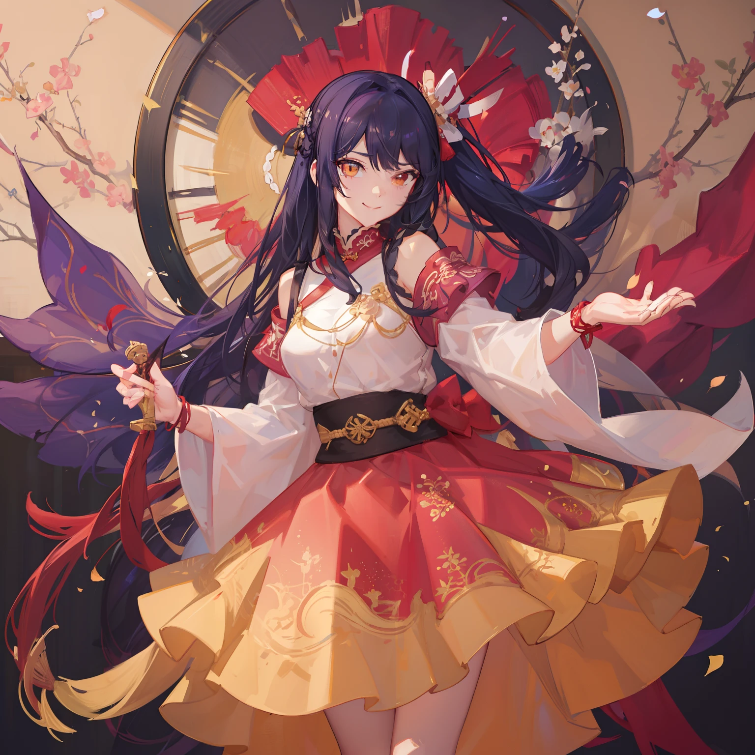 (Masterpiece, Best quality, High quality:1.4), Professional artwork, Intricate details, Field of View, Sharp focus, Detailed painting, Masterpiece,  (Vivid lighting, Vibrant colors),A teenage girl，With a smile，Bright yellow double ponytail，red hairband，Chinese antique top，Wide cuffs，Yellow antique short skirt，The inner skirt is white，Osmanthus pattern at the hem。Holding a katana in his left hand，Imperial Mamoru