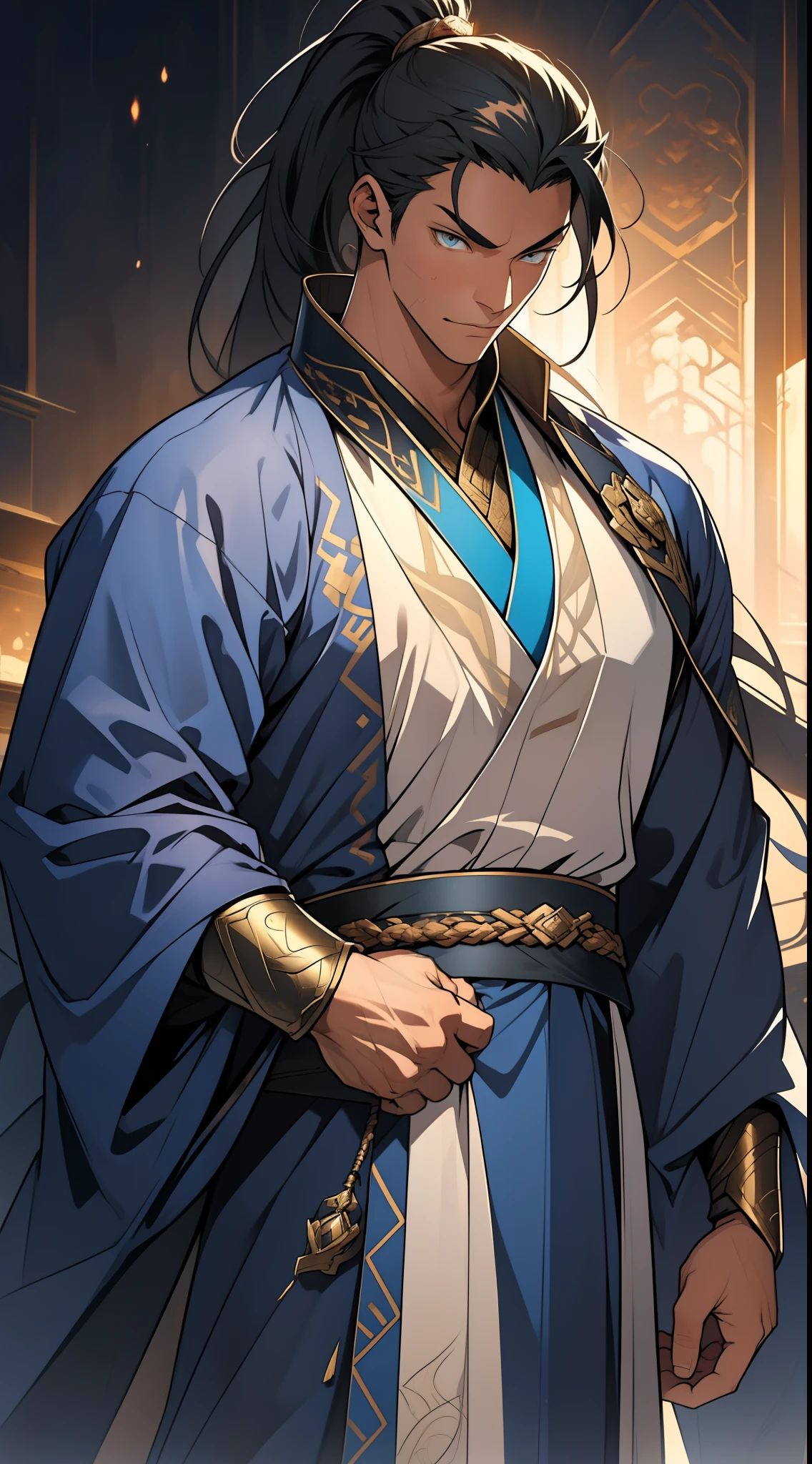 quadratic element,style of anime,mtu(Male Warrior),The proportions are correct,Face details,swordsmen,High ponytail hairstyle,Neck details,There is an Adam's apple,Blue suit,kaftan,long blue robes,clothes details,Handing over,longer sleeves,Game quality,Swordsmanship,Light and shadow tracking,Ray traching,detailed glow,cg render,hair detail,Black long hair,blue colored eyes,Handsome,Handsome,(juvenile sense),Clothing is complicated,Perfectcomposition,Refinement,high qulity,higher details,Lots of details,The background is complex,a sense of atmosphere,