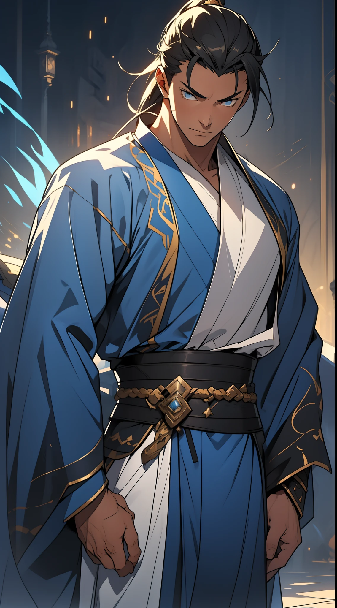 quadratic element，style of anime，mtu（Male Warrior），The proportions are correct，Face details，swordsmen，High ponytail hairstyle，Neck details，There is an Adam's apple，Blue suit，kaftan，long blue robes，clothes details，Handing over，longer sleeves，Game quality，Swordsmanship，Light and shadow tracking，Ray traching，detailed glow，cg render，hair detail，Black long hair，blue colored eyes，Handsome，Handsome，（juvenile sense），Clothing is complicated，Perfectcomposition，Refinement，high qulity，higher details，Lots of details，The background is complex，a sense of atmosphere，