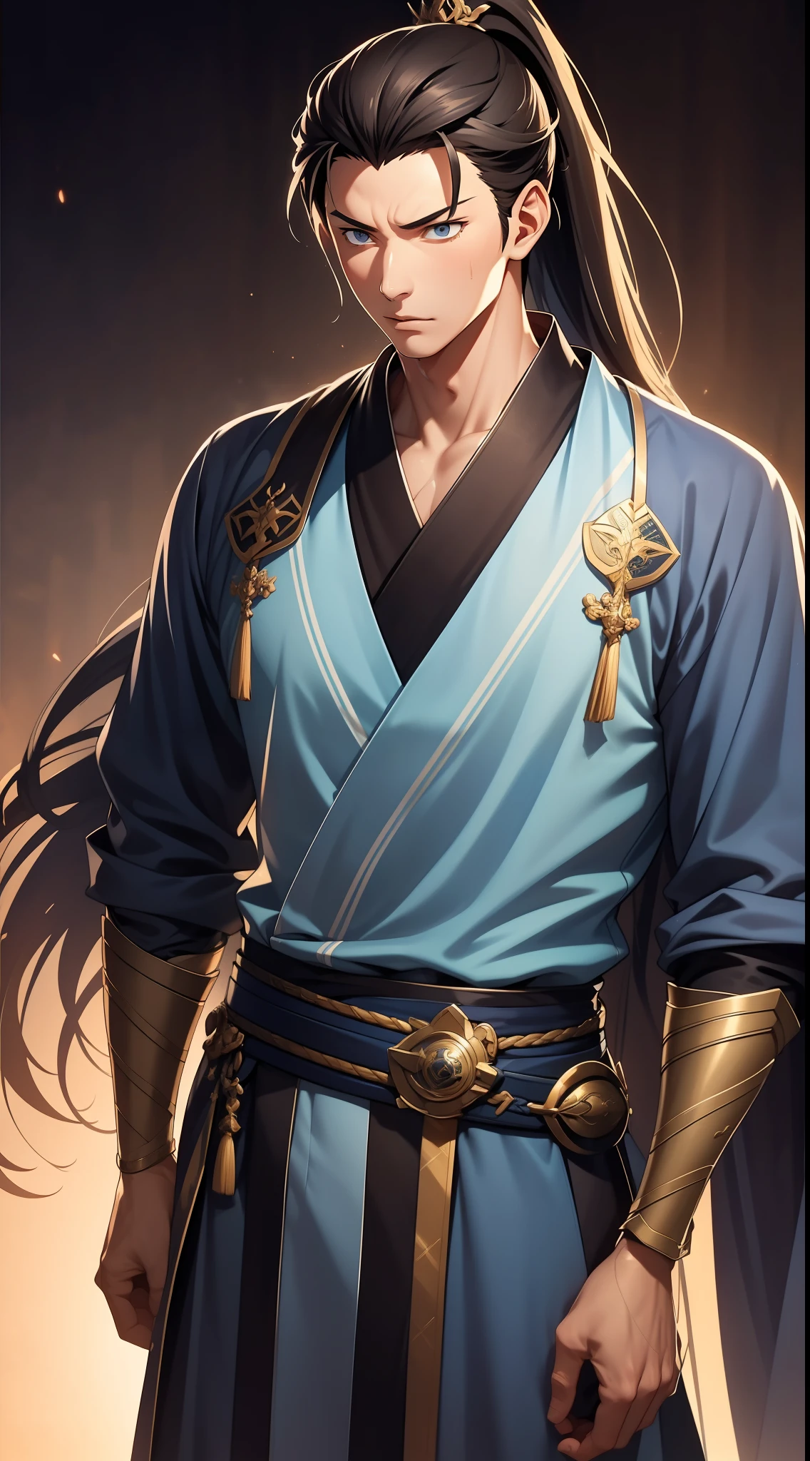 quadratic element,style of anime,mtu(Male Warrior),The proportions are correct,Face details,swordsmen,High ponytail hairstyle,Neck details,There is an Adam's apple,Blue suit,kaftan,long blue robes,clothes details,Handing over,longer sleeves,Game quality,Swordsmanship,Light and shadow tracking,Ray traching,detailed glow,cg render,hair detail,Black long hair,blue colored eyes,Handsome,Handsome,(juvenile sense),Clothing is complicated,Perfectcomposition,Refinement,high qulity,higher details,Lots of details,The background is complex,a sense of atmosphere,