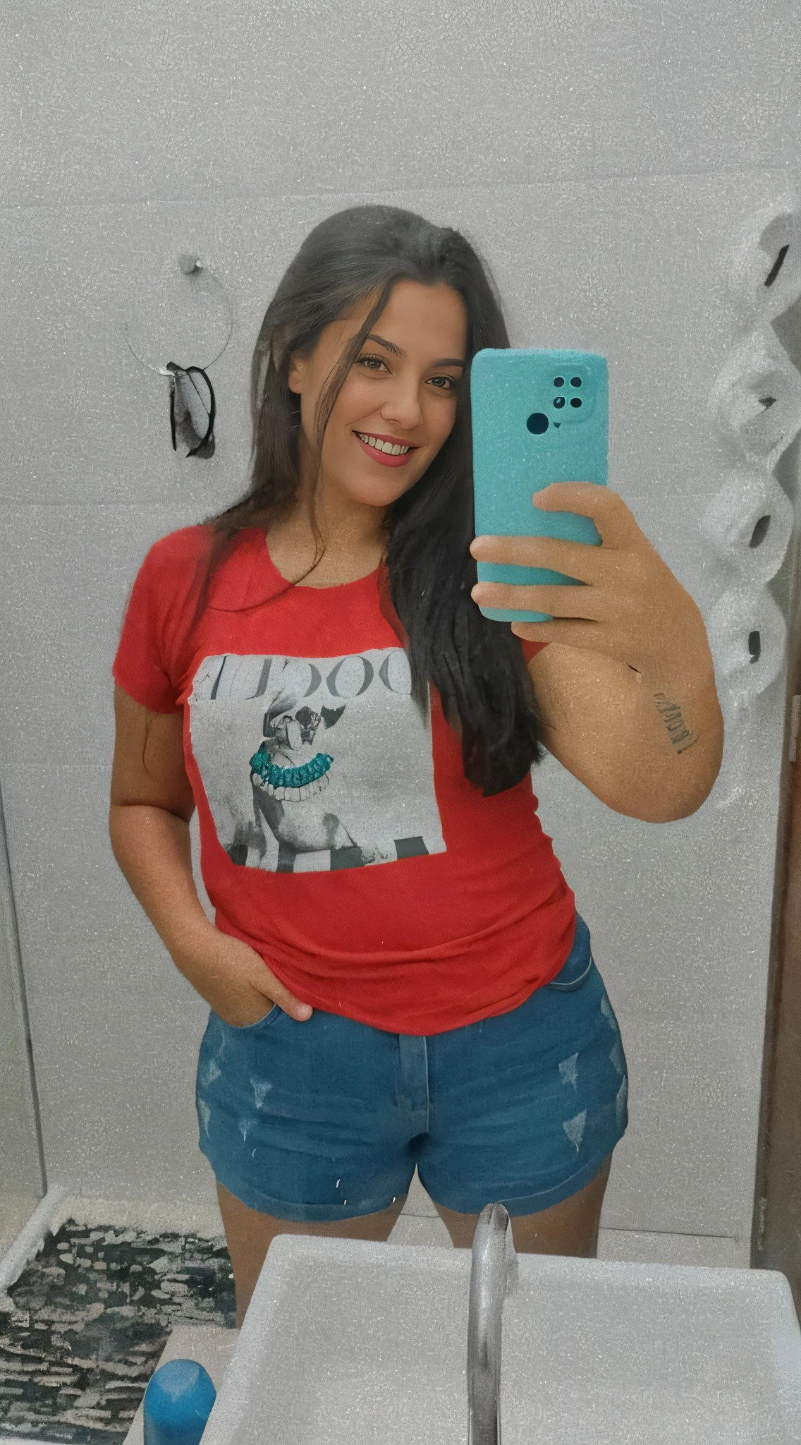 there is a woman taking a selfie in the bathroom mirror, Directed by: Nandor Soldier, Parece Fabiula Nascimento, andrea rocha, imagem frontal, Malika Favre, em camiseta, Angiewolf, Lola Dupre, foto da roupa, by Amelia Peláez, cabelo comprido e camisa vermelha, fernanda suarez, roupas casuais