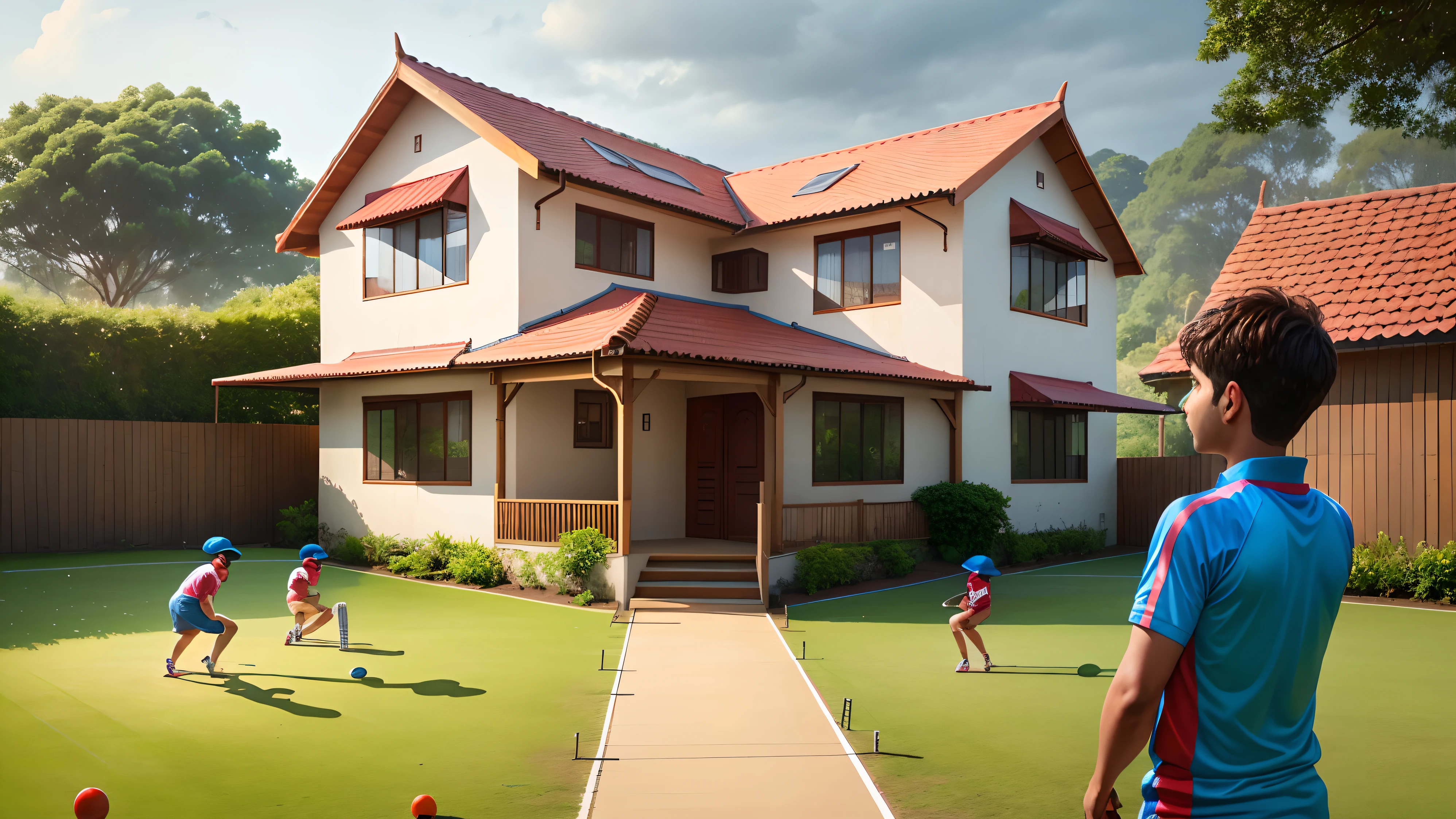 Make a good looking house where kids are playing cricket and it is raining there