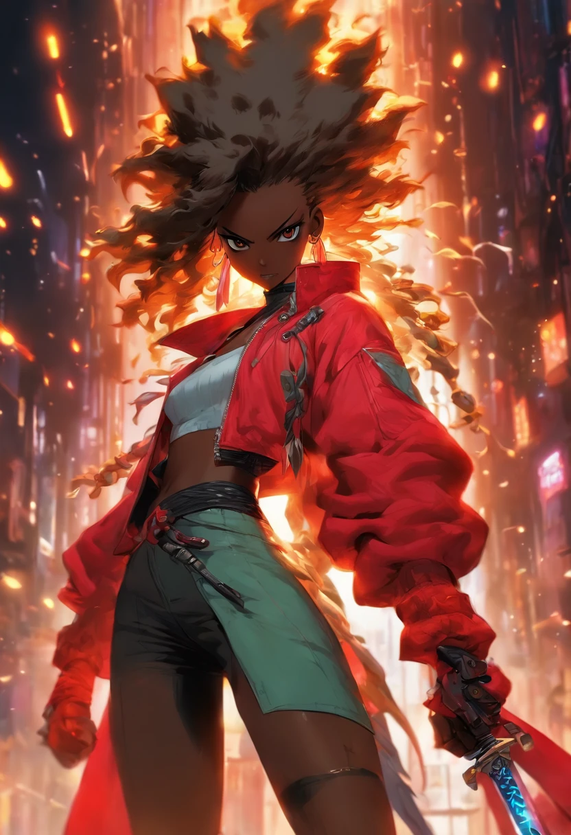 (Masterpiece, Best quality), concept-art, Full body photo of a dark-skinned woman wearing (Large red jacket:1.2) and a black shirt, Fighting posture, Intricate details, color difference, (Black skin:1.2), 1girll, Curly long hair, Light brown hair, Messy hair, robot leg, Biomechanical, hair on one eye, honey eyes, Sharp eyes, Neon shirt, Open jacket, big sword, Cyber Katana, Dark Blade, Japanese role-playing game style, Tech fantasy, Final Fantasy, Pastel colors, (Simple background, White background:1.3)