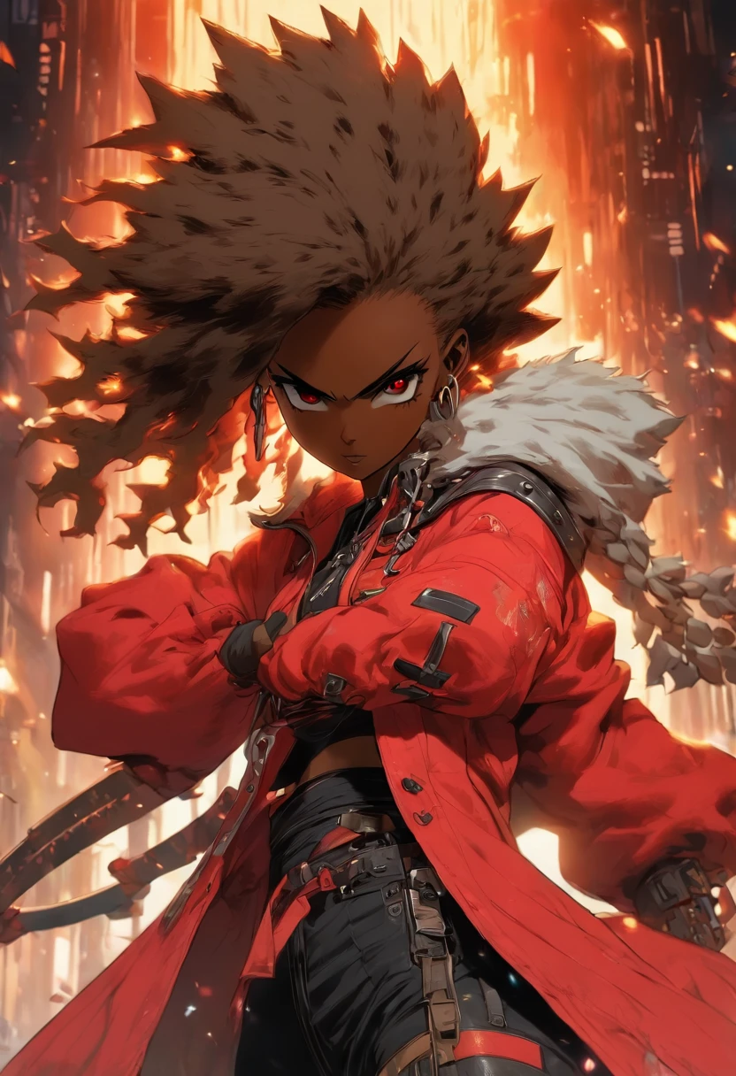 (Masterpiece, Best quality), concept-art, Full body photo of a dark-skinned woman wearing (Large red jacket:1.2) and a black shirt, Fighting posture, Intricate details, color difference, (Black skin:1.2), 1girll, Curly long hair, Light brown hair, Messy hair, robot leg, Biomechanical, hair on one eye, honey eyes, Sharp eyes, Neon shirt, Open jacket, big sword, Cyber Katana, Dark Blade, Japanese role-playing game style, Tech fantasy, Final Fantasy, Pastel colors, (Simple background, White background:1.3)
