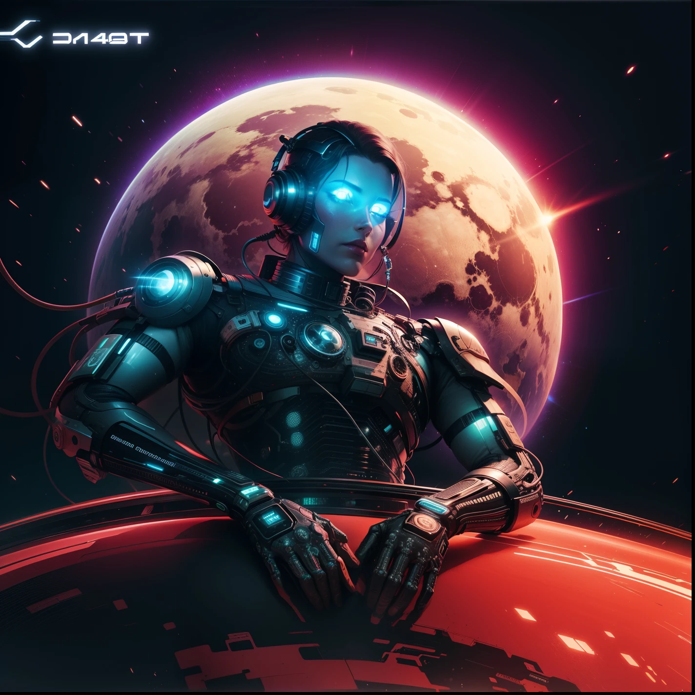 Un planeta retrofuturista con un cyborg ,4k,Disco duro,Detalles completos