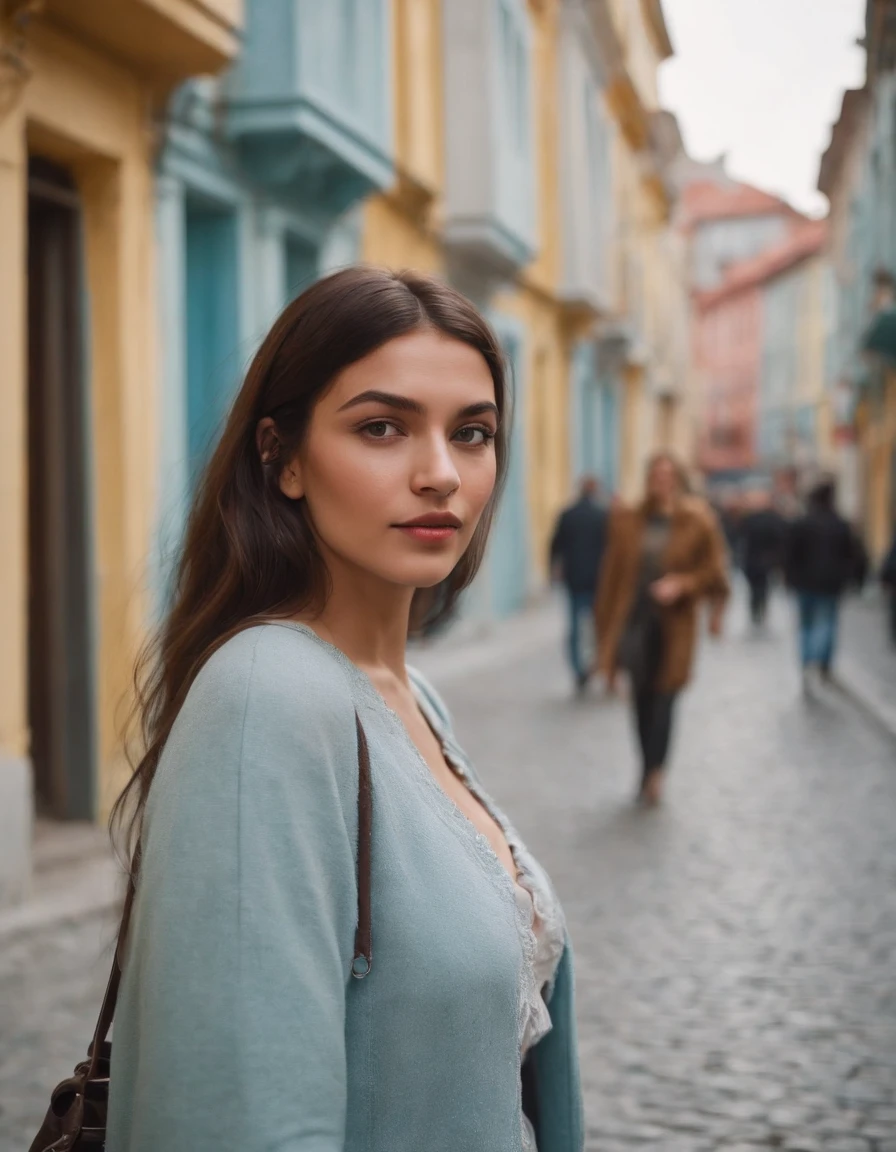 travellers, in the style of rap aesthetics, girl，Istanbul, Turkey， make for a memorable photo.   The background is colourful houses in the Beyoğlu neighborhood ，photo taken with fujifilm superia, charly amani, oversized portraits, babycore, upper body