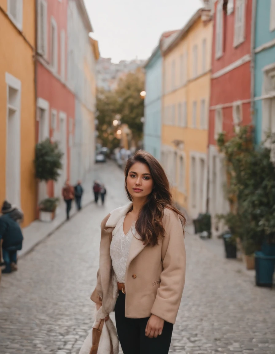 travellers, in the style of rap aesthetics, girl,Istanbul, Turkey, make for a memorable photo. The background is colourful houses in the Beyoğlu neighborhood ,photo taken with fujifilm superia, charly amani, oversized portraits, babycore, upper body