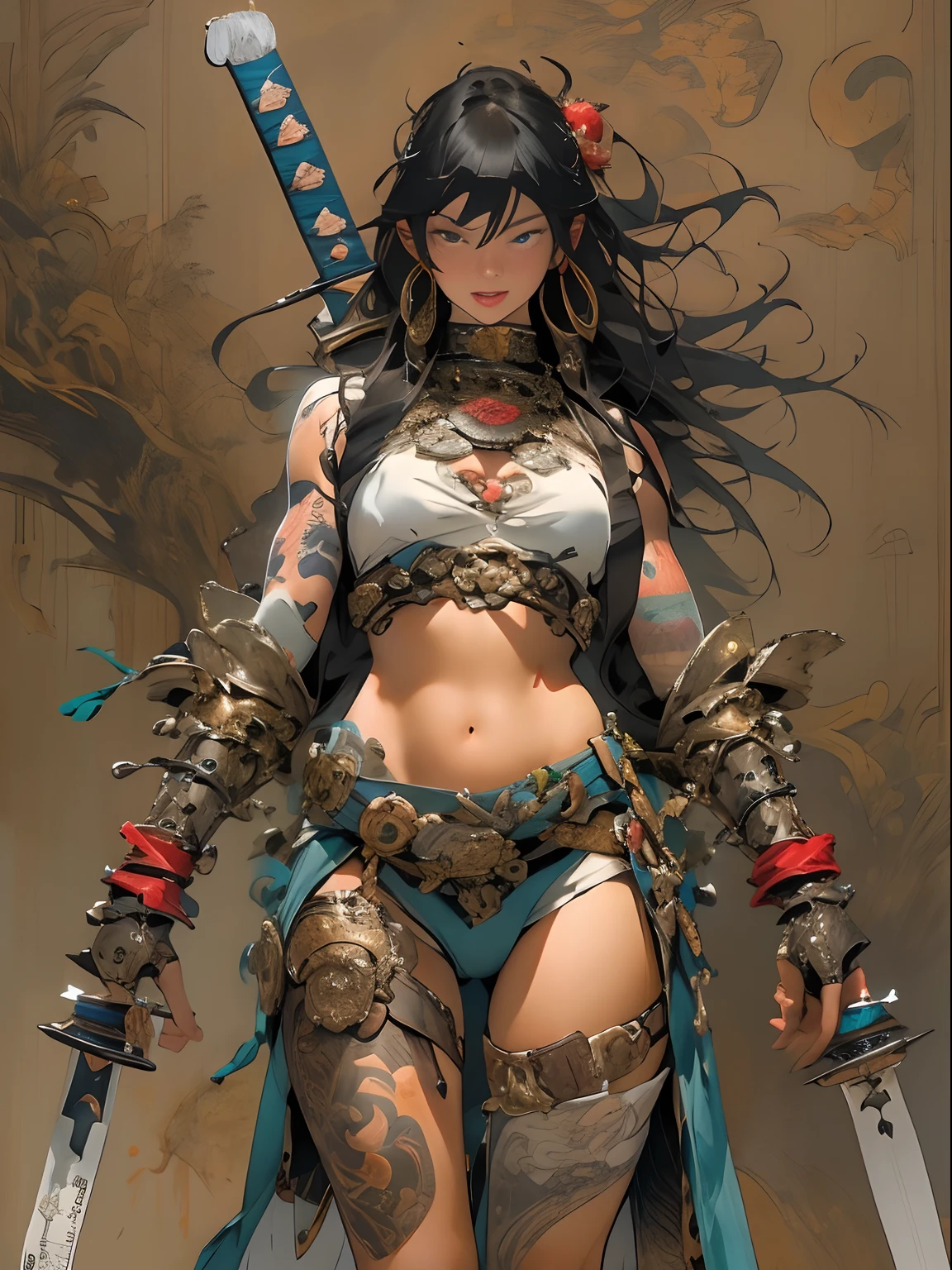 (((woman))), (((best qualityer))), (((tmasterpiece))), (((AS-))), ((( Japanese ))), Look up from your knees, A beautiful asian samurai woman with perfect body, Modern samurai, ((( Asian))), Wear gloves on your hands,The left arm made of steel and metal tipade of protective devices, The eyes are pulled, (( Appears below the breast )), (( Small dental floss )), Simon Bisley, Almost naked(Simon Bisley)Castle City Wildernesor high-resolution posters, hair straight, Minimum clothing, armure (Crazy clotheull of tips and rivets, tribal tattooull bodyesbian))), Straight brunette hair,Colored hair ends