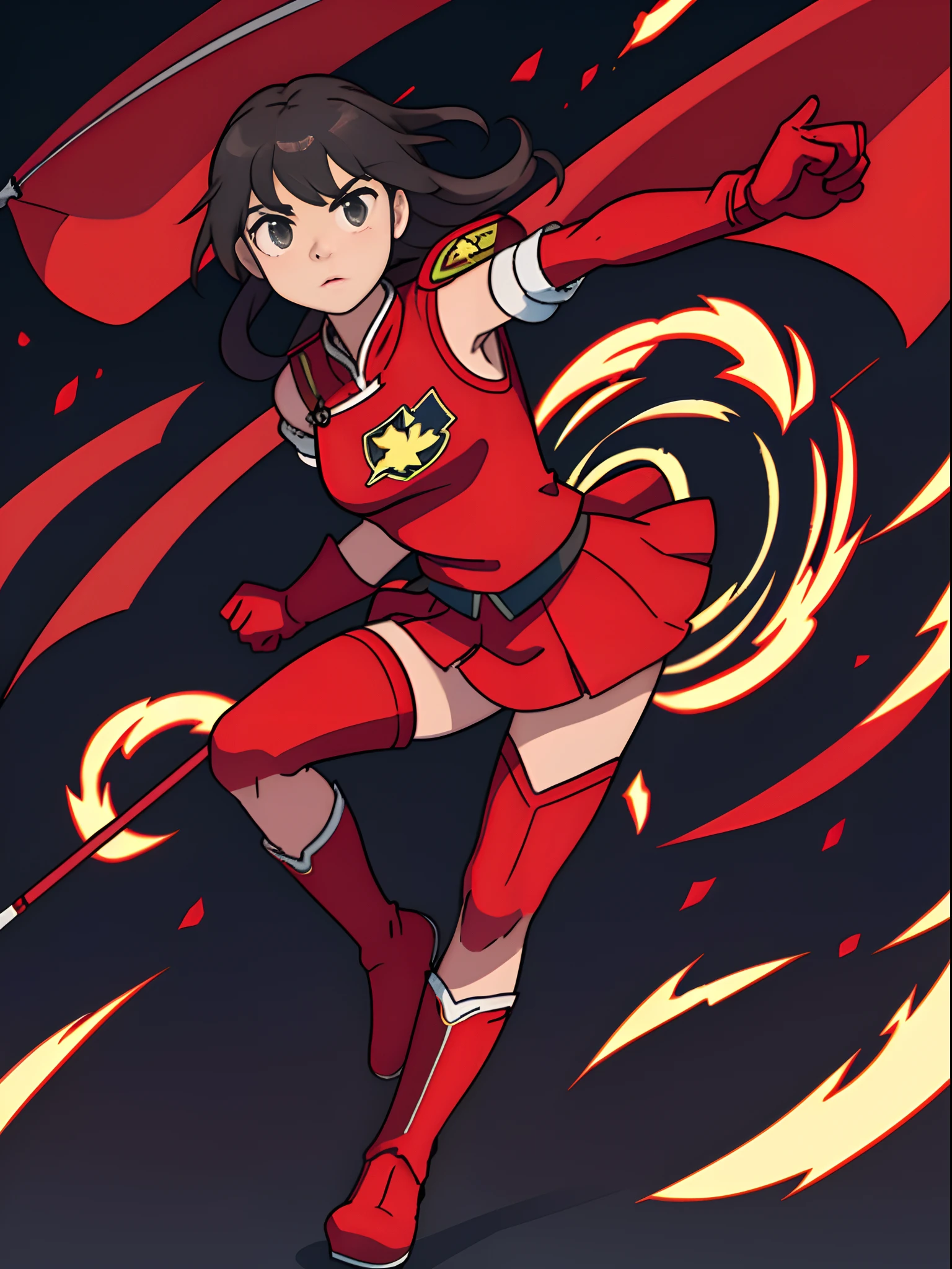 High-end CG screen:Superhero Five-Star Red Flag Girl wearing a delicate Chinese Five-Star Flag logo uniform，Wear red gloves on both hands+Wear red boots on your feet+National flag，The whole body exudes the superpowers of a five-star red flag girl，，，soio，Full body shooting CG superpowers