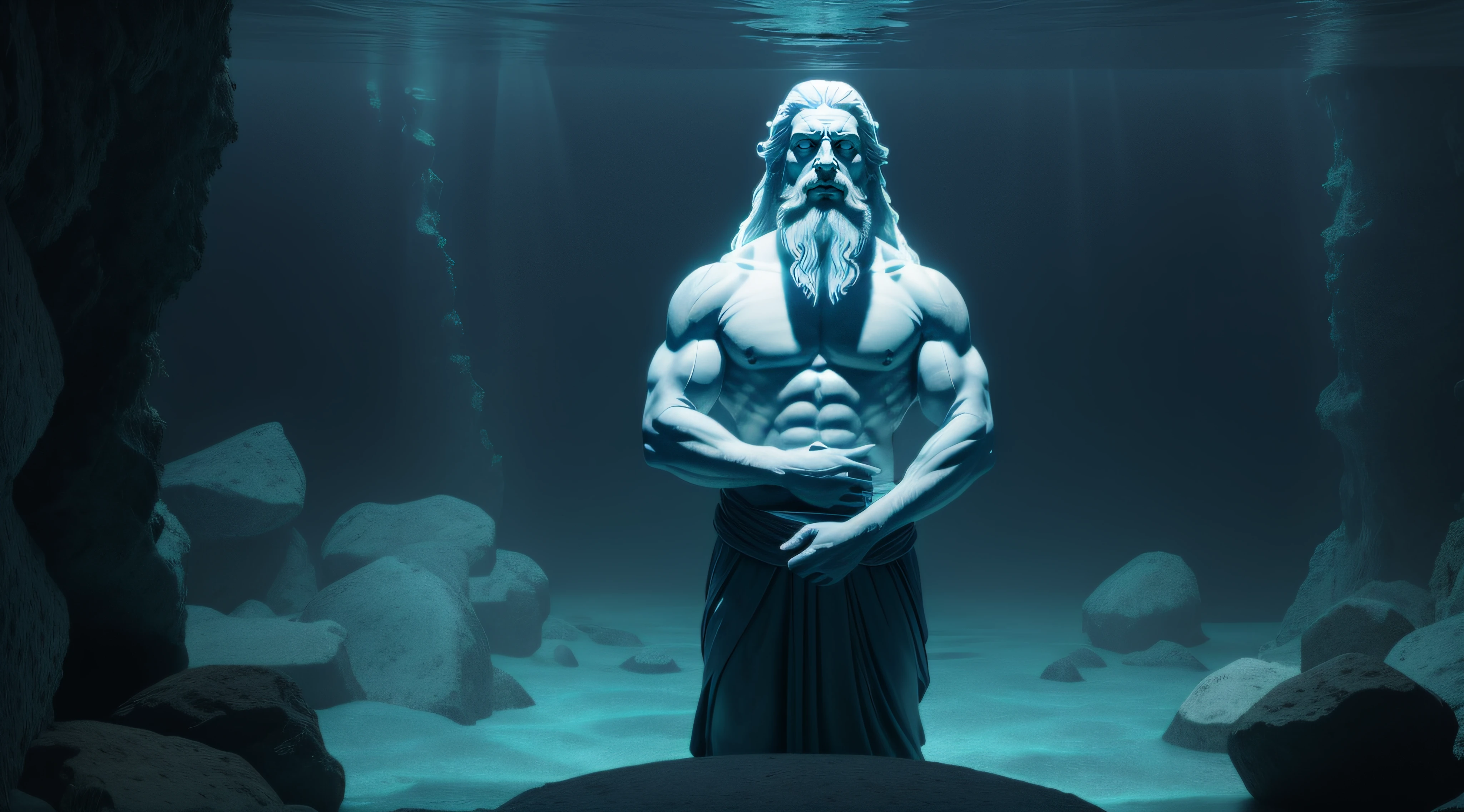 A realistic full-length Greek white marble statue of a jacked stoic, long beard and hair, alone in the center of the scene with crossed arms and hard stare, stoic posture of wisdom, wearing a ghostly tunic, very neutral background, moody, bright lights, underwater scene, bottom of the ocean, weak flashes of light cross the water, blue color grade, blue color correction, low background luminosity, photorealistic, cinematographic scene, super detailed, hyper realistic, STATE-OF-THE-ART, MASTERPIECE, BEST QUALITY, 8K