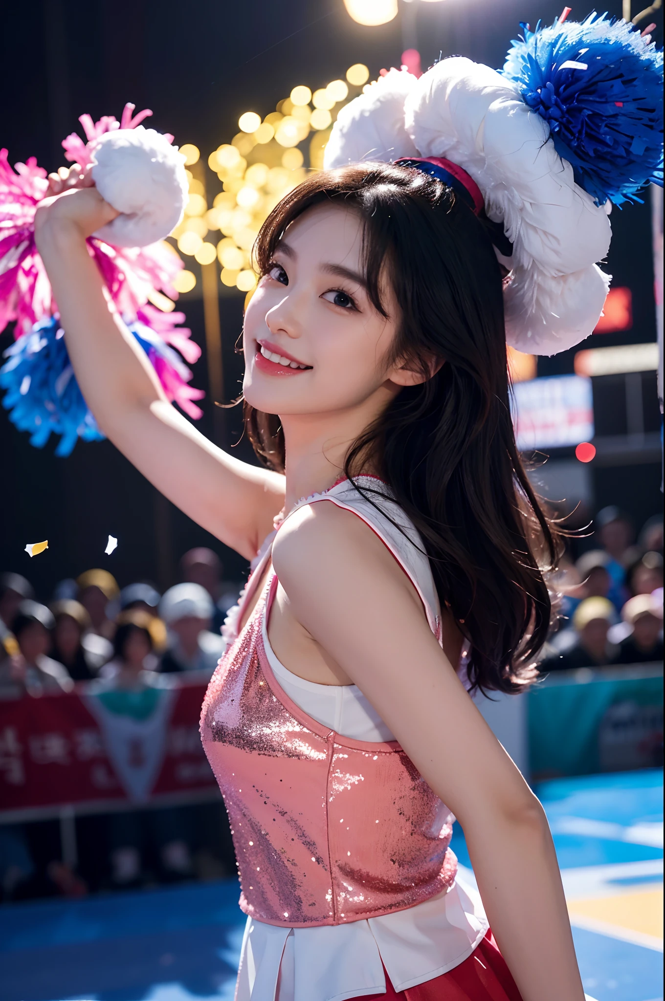 Beautiful Korean idol cheerleader
posters,Painting,high resolution,Ultra-detailed,Realistic:1.37,Vivid colors,hdr,Studio lighting,Sharp focus,
Dance energetically,Smiling happily,Perfect makeup,Stunning costumes,
crowd cheering,exciting atmosphere,dynamicposes,Expressive movements,
Beautiful hair,Sparkling eyes,rosycheeks,full pouty lips,
Colorful pompoms,Flying confetti,Glowing spotlights,
Engaging performance,Spirited cheers,Unforgettable memories