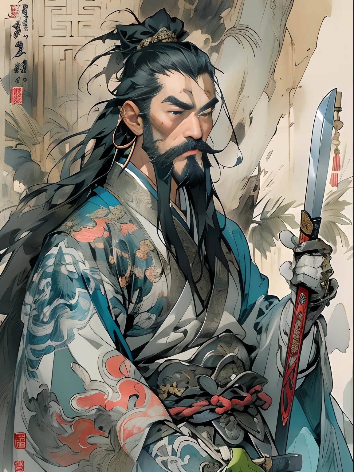 (((China-style，Ink painting method，Half-length portrait，Intense color，Han dynasty, China，Hanfu，Armor，Guan yu，Guan Yunchang，of a guy，Ruddy killing square face，Hold the Blue Dragon Moon Knife in his right hand，Stroke your beard with your left hand，Long hair，petty eyes，Green robe))), (((best qualityer))), (((tmasterpiece))), (((AS-Adult))), ((( Japanese ))), Look up from your knees, Handsome Asian samurai，perfect body figure, Modern samurai, ((( Asian))), Wear gloves on your hands，The left arm is made of steel and metal tips，Made of protective devices, The eyes are pulled, (( Appears below the chest )), (( Small dental floss )), Simon Bisley, Almost naked（Simon Bisley）Castle City Wilderness，For high-resolution posters, hair straight, Minimum clothing, armure (Crazy clothes ), Full of tips and rivets, tribal tattoos, (((full bodyesbian))), Straight brunette hair，Colored hair ends