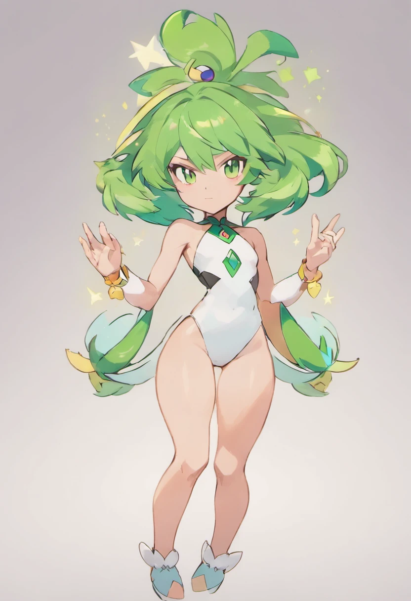 masterpiece, best_quality, 1girl, solo, gardevoir, creatures \(company\), game freak, nintendo, pokemon, pokemon \(game\), pokemon unite, bangs, colored skin, female focus, flat chest, gen 3 pokemon, green hair, green skin, hair over one eye, multicolored skin, pokemon \(creature\), red eyes, short hair, two-tone skin, white skin