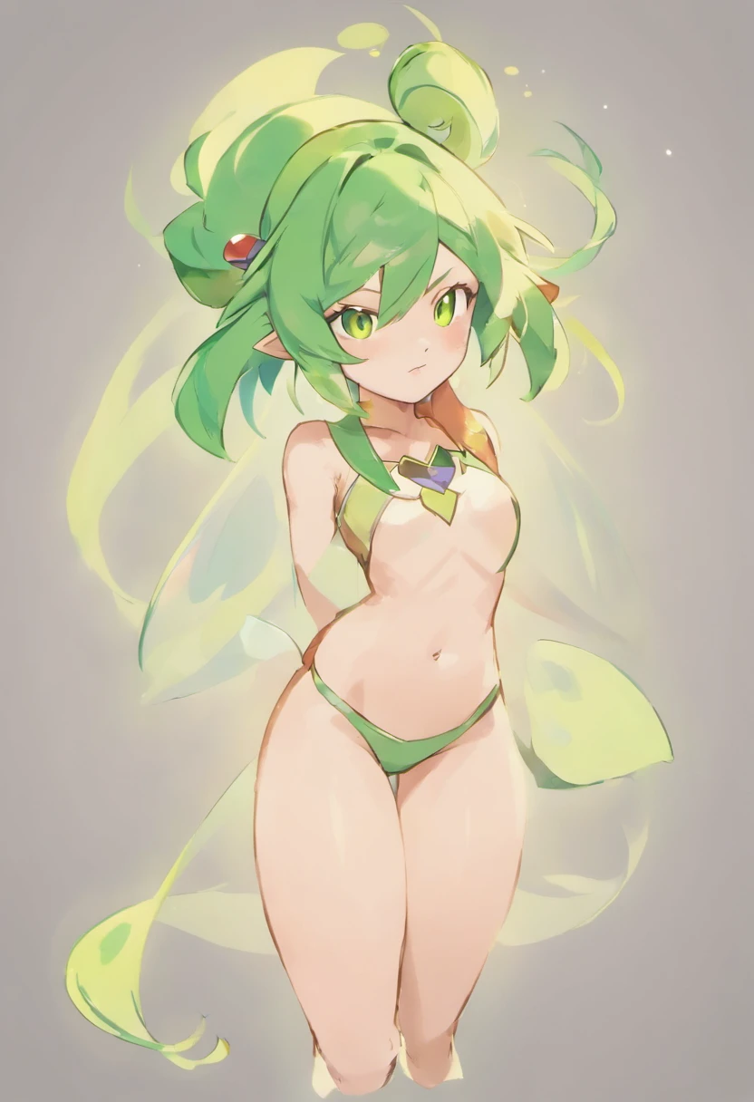 masterpiece, best_quality, 1girl, solo, gardevoir, creatures \(company\), game freak, nintendo, pokemon, pokemon \(game\), pokemon unite, bangs, colored skin, female focus, flat chest, gen 3 pokemon, green hair, green skin, hair over one eye, multicolored skin, pokemon \(creature\), red eyes, short hair, two-tone skin, white skin