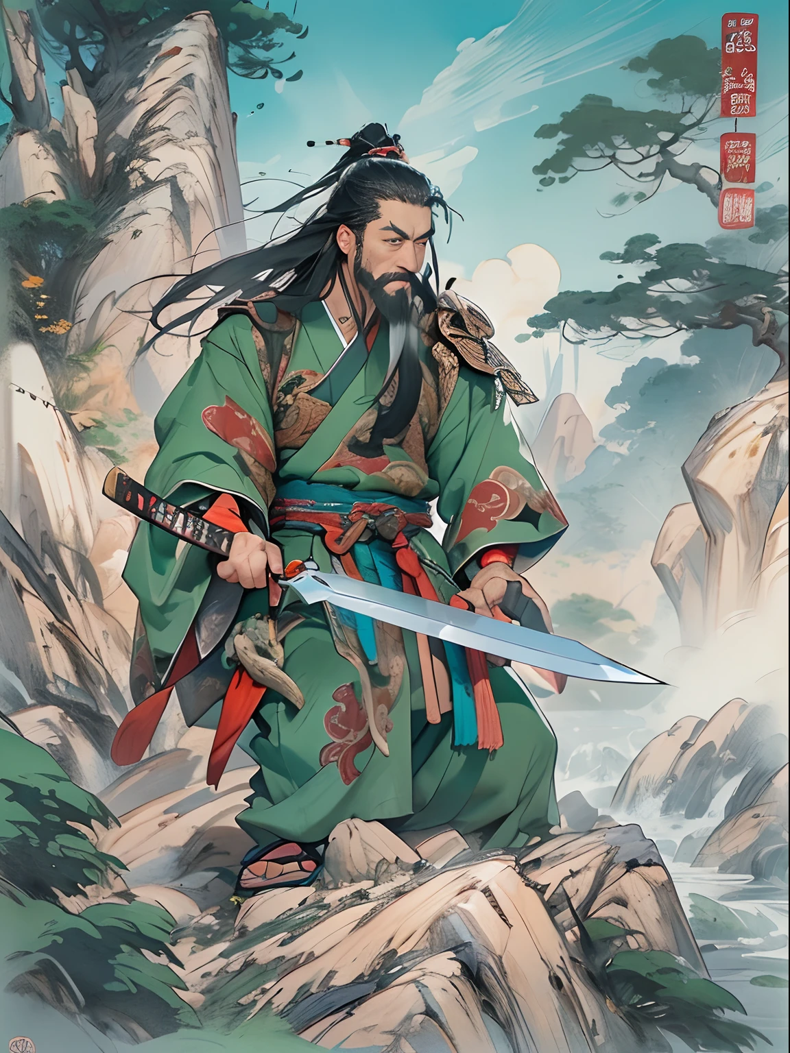 (((China-style,Ink painting method,Half-length portrait,Intense color,Han dynasty, China,Hanfu,Armor,Guan yu,Guan Yunchang,of a guy,Ruddy killing square face,Hold the Blue Dragon Moon Knife in his right hand,Stroke your beard with your left hand,Long hair,petty eyes,Green robe))), (((best qualityer))), (((tmasterpiece))), (((AS-Adult))), ((( Japanese ))), Look up from your knees, Handsome Asian samurai,perfect body figure, Modern samurai, ((( Asian))), Wear gloves on your hands,The left arm is made of steel and metal tips,Made of protective devices, The eyes are pulled, (( Appears below the chest )), (( Small dental floss )), Simon Bisley, Almost naked(Simon Bisley)Castle City Wilderness,For high-resolution posters, hair straight, Minimum clothing, armure (Crazy clothes ), Full of tips and rivets, tribal tattoos, (((full bodyesbian))), Straight brunette hair,Colored hair ends