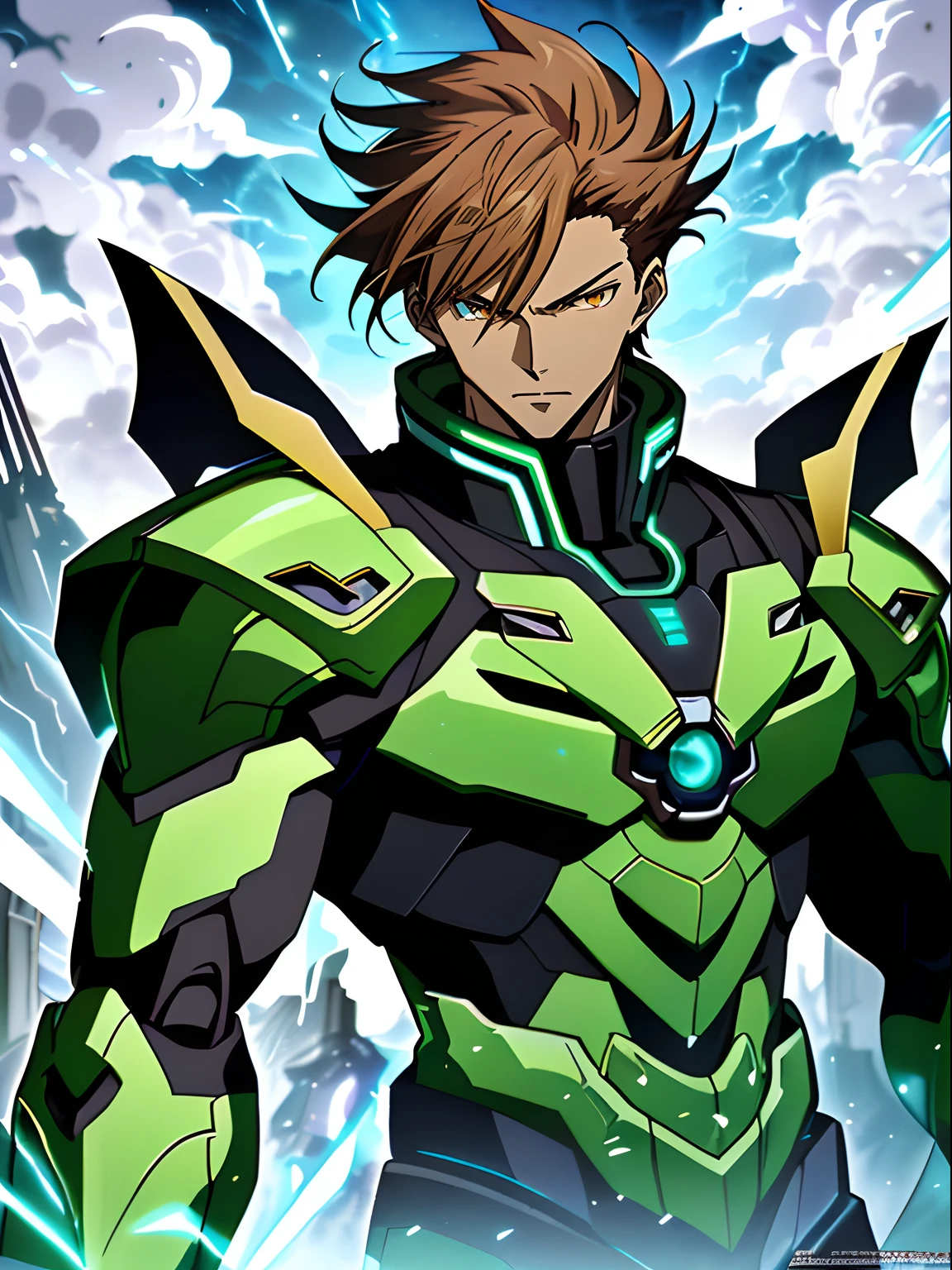 Brown-haired male anime character,Features futuristic green and black mechanical armor and cloudy skies, with brown eye,Smooth anime CG art, Key anime art, an epic anime of a energy man, Detailed digital anime art, official character art, detailed anime character art, male anime character, High quality anime art style, offcial art