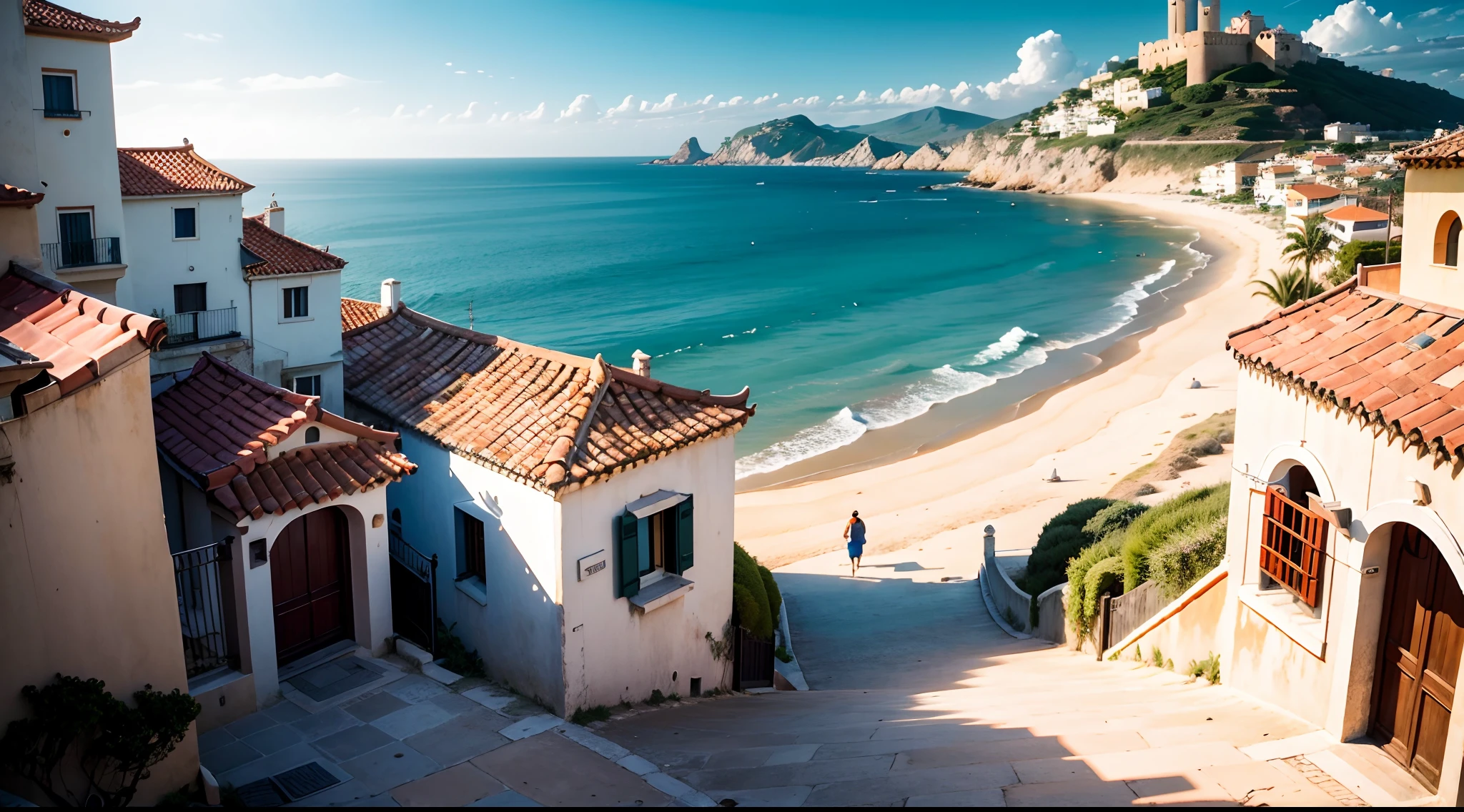 Gandia, Aegean Sea style buildings, with Italian elements, Aegean Sea coastal, straight coast, Venetian elements, some house with orange roof and white wall, small and vulgar and poor 10 houses some near some faraway with dirt road with 1 watch towers with 1 lighthouse with 1 castle on coastal cliff hill with 1 chapal in the image, time is afternoon, with no Eastern style no Chinese Style no Japanese style, exterior, 16th century, renaissance, age of exploration