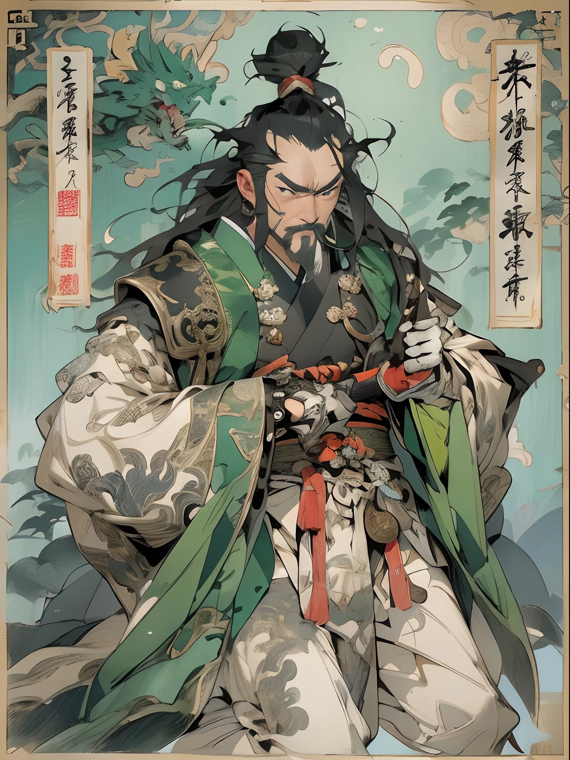 (((China-style，Ink painting method，Half-length portrait，Intense color，Han dynasty, China，Hanfu，Armor，Guan yu，Guan Yunchang，of a guy，Ruddy killing square face，Hold the Blue Dragon Moon Knife in his right hand，Stroke your beard with your left hand，Long hair，petty eyes，Green robe))), (((best qualityer))), (((tmasterpiece))), (((AS-Adult))), ((( Japanese ))), Look up from your knees, Handsome Asian samurai，perfect body figure, Modern samurai, ((( Asian))), Wear gloves on your hands，The left arm is made of steel and metal tips，Made of protective devices, The eyes are pulled, (( Appears below the chest )), (( Small dental floss )), Simon Bisley, Almost naked（Simon Bisley）Castle City Wilderness，For high-resolution posters, hair straight, Minimum clothing, armure (Crazy clothes ), Full of tips and rivets, tribal tattoos, (((full bodyesbian))), Straight brunette hair，Colored hair ends