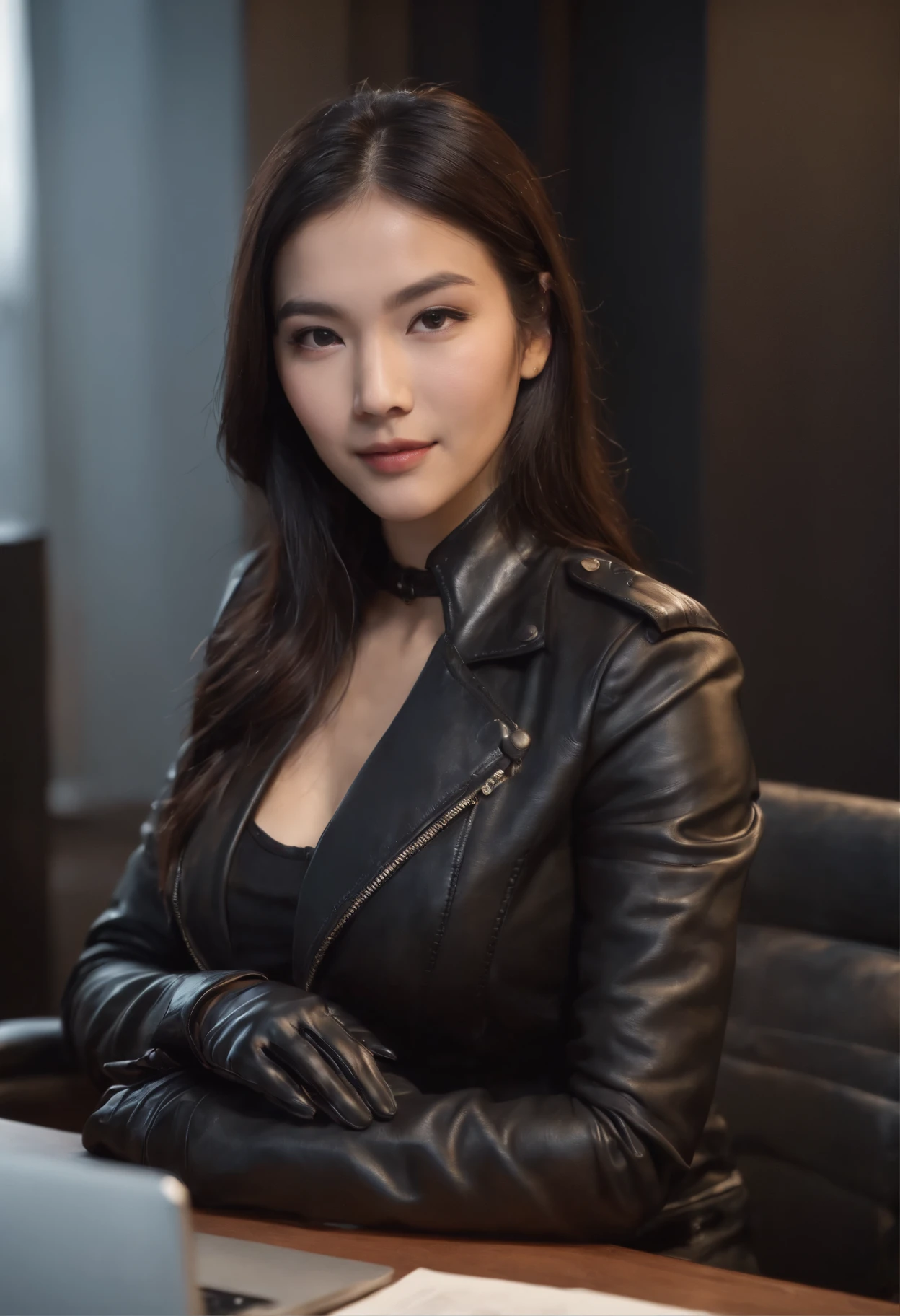 Wearing black leather gloves in both hands Upper body Black leather riders jacket Necklace on the chest Facing the desk in the modern study in the dark, looking down and smiling, long straight black hair Young Japanese woman (black leather gloves covering both hands) Sitting on a chair with the fingers of black leather gloves and working on the computer